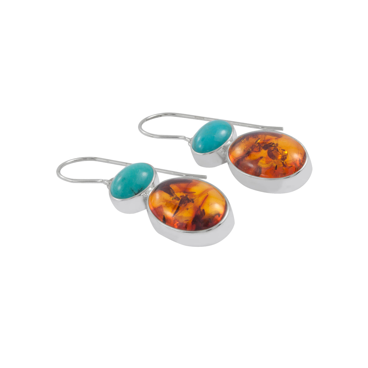 Silver Earring With Turquoise &amp; Amber Oval Drop