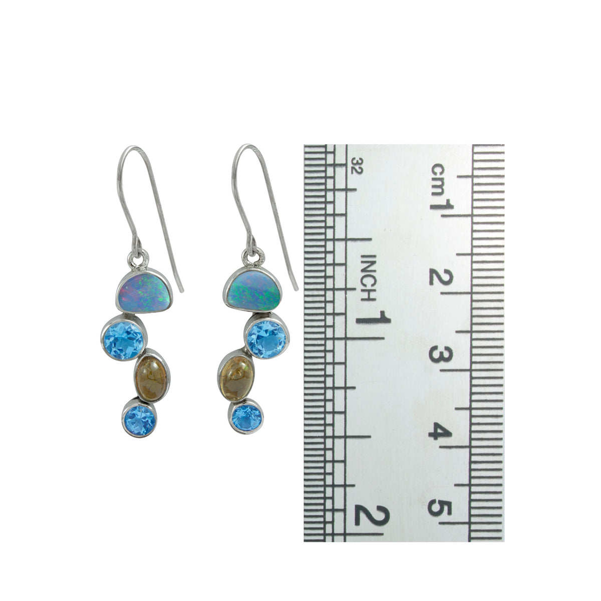 Opal ,Tourmaline and Blue Topaz bubbles cascade into a Gorgeous Earring