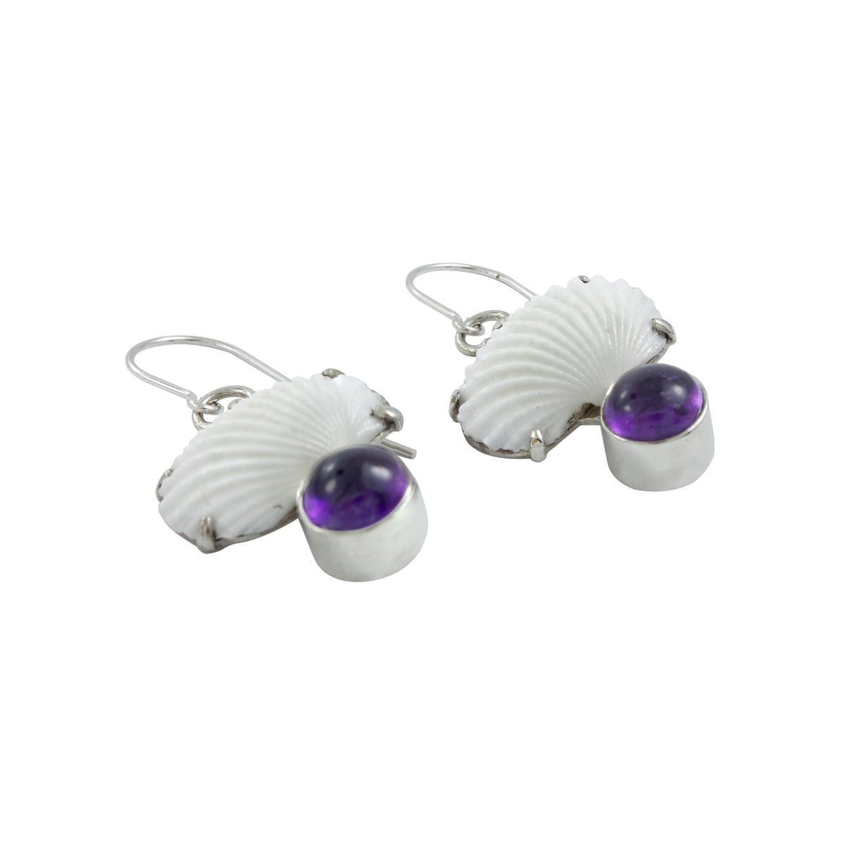 Silver Earring With Shell White Ark &amp; Amethyst Round