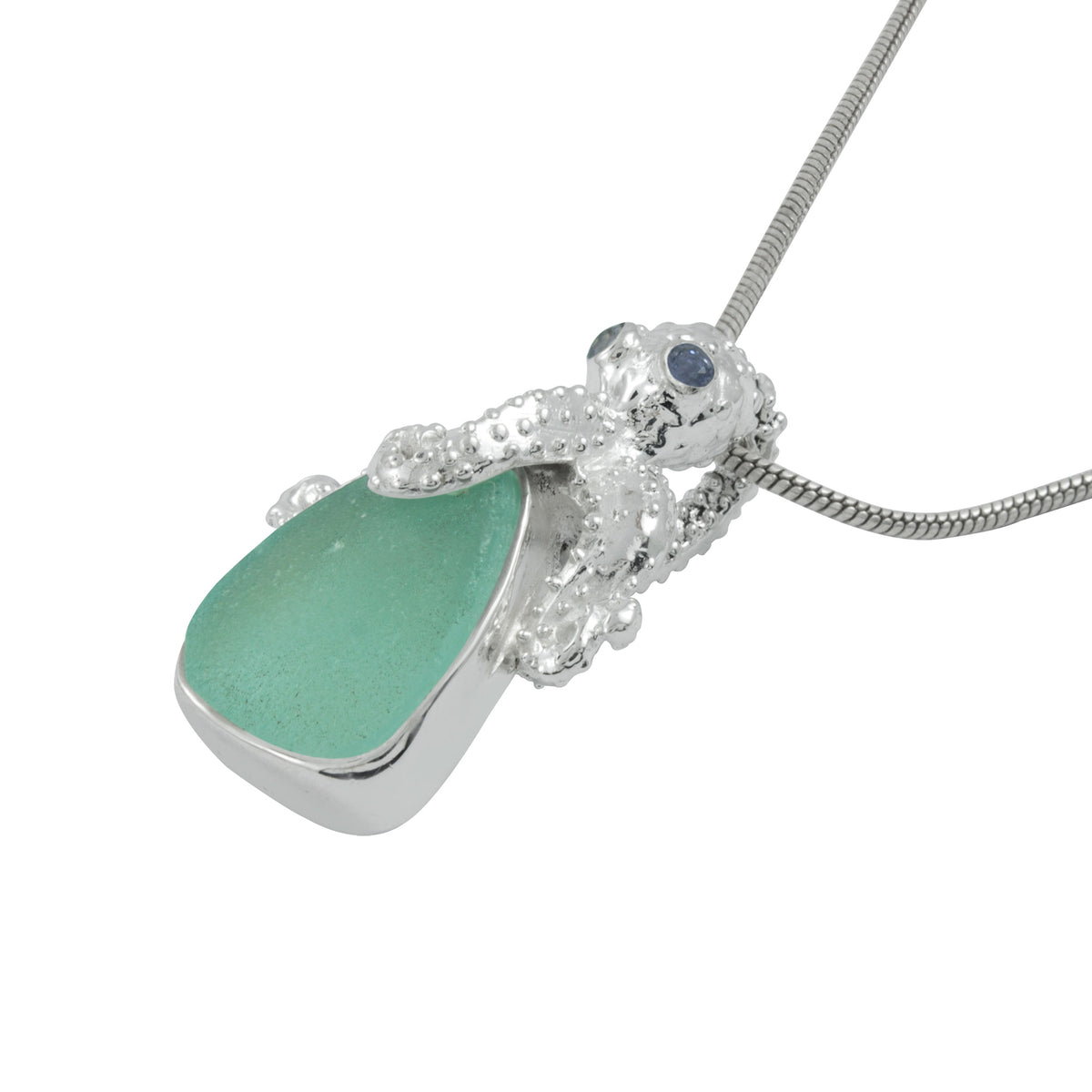 Precious Octopus and  Aqua Sea Glass Silver Pendant - A true Treasure from the Sea!