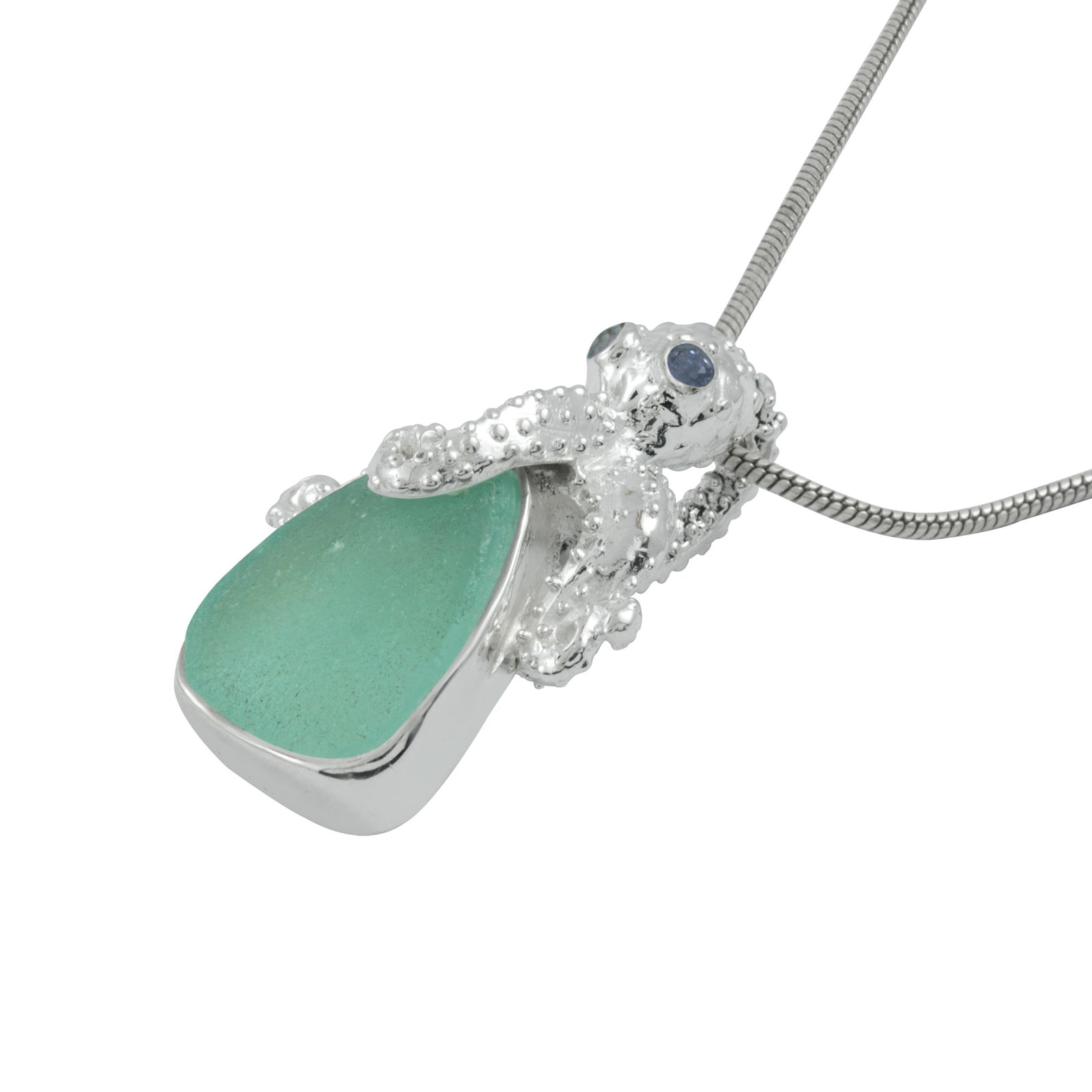 Precious Octopus and  Aqua Sea Glass Silver Pendant - A true Treasure from the Sea!