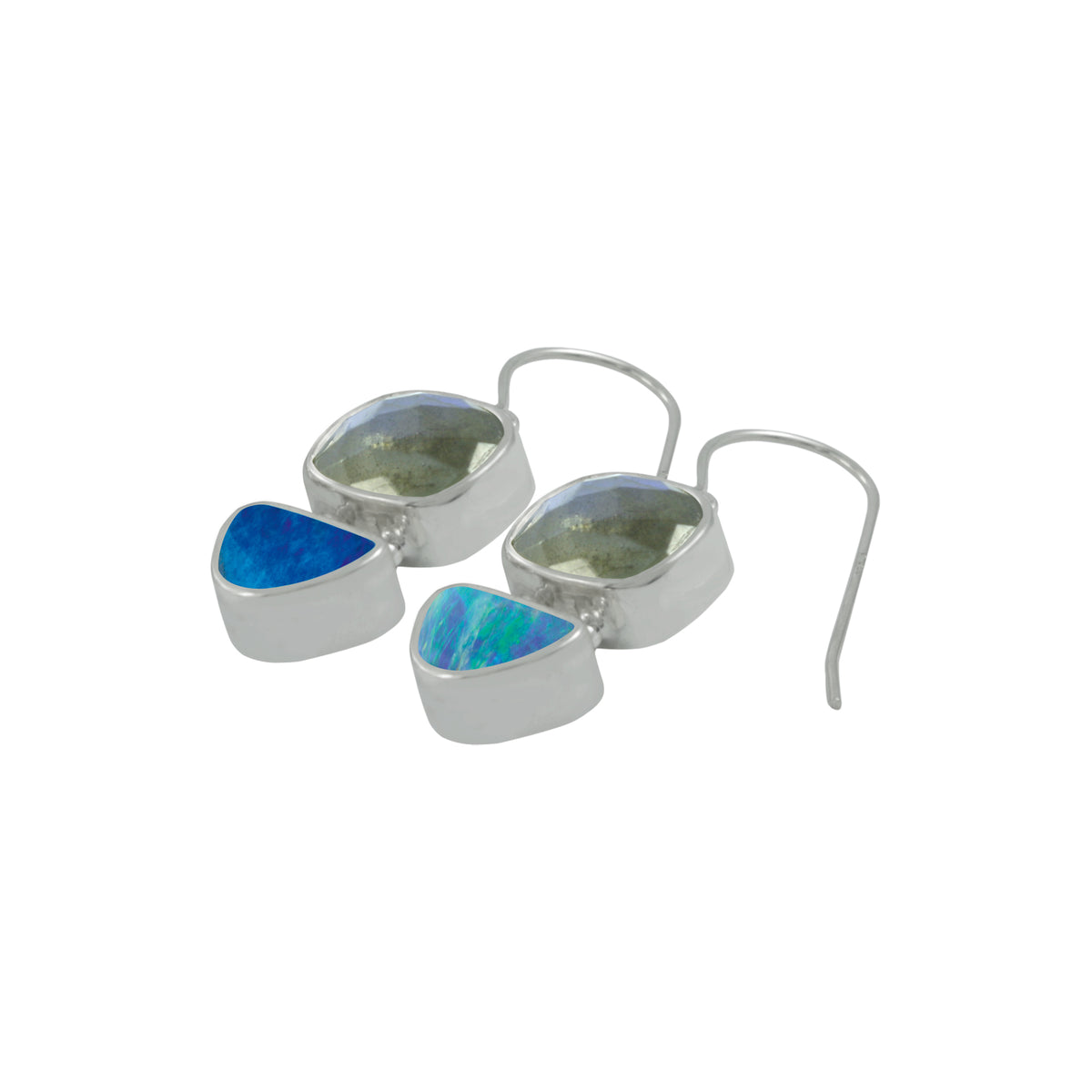 Silver Earring With Laboradite Rectangle Cushion And Opal Free Form
