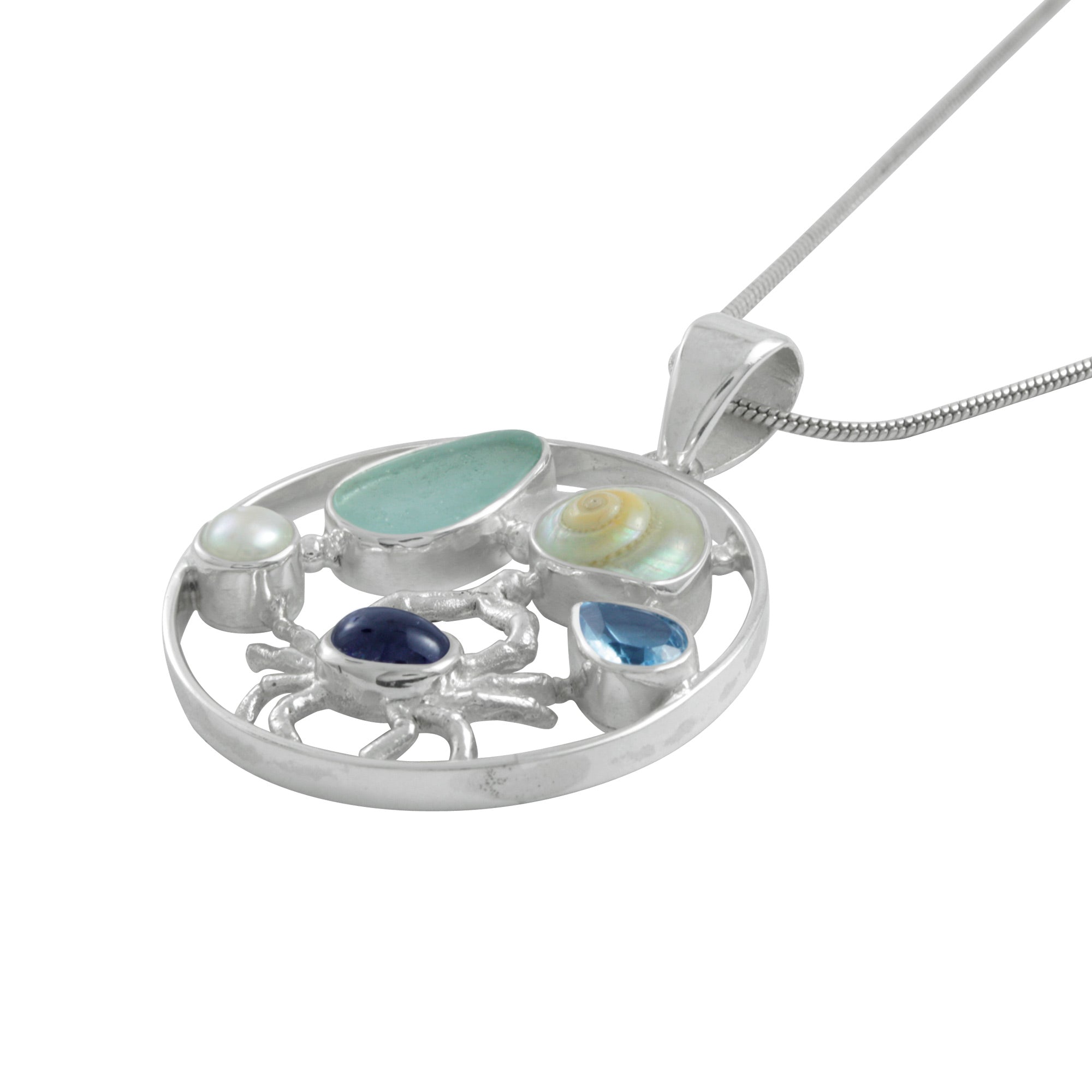 Silver Pendant With Blue Topaz, Iolite, Pearl And Sea Glass Aqua
