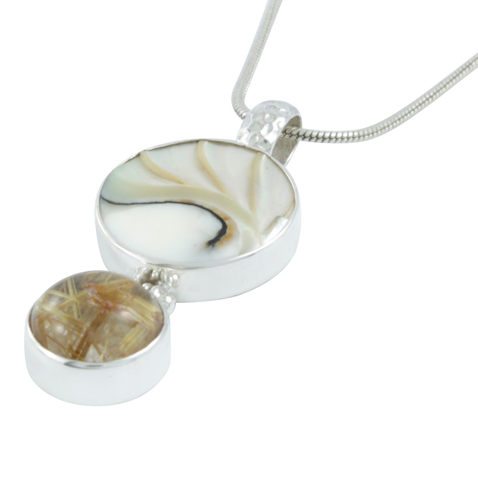 Shimmering Nautilas Shell Pendant with Rhudilated Quartz