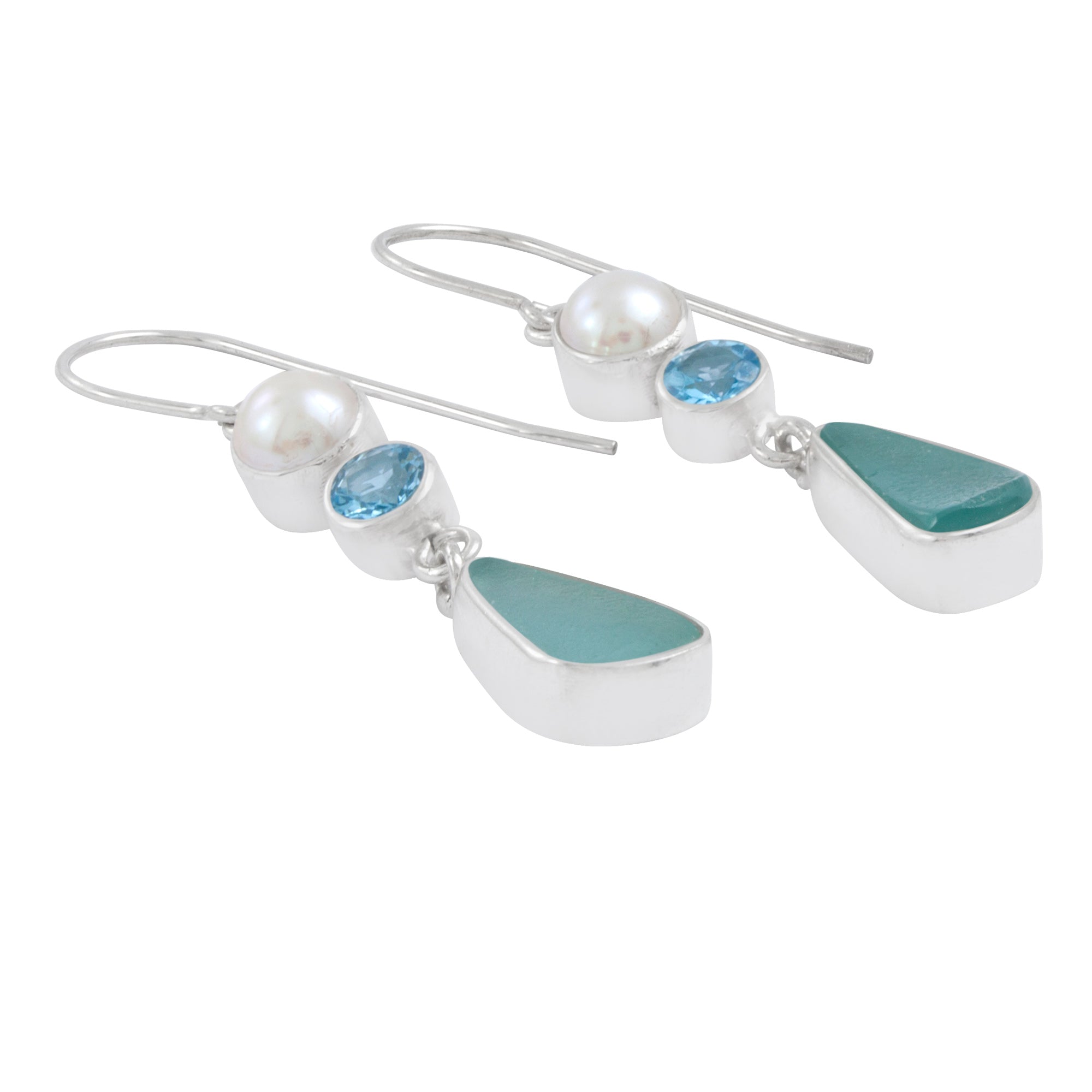 Simply Elegant Genuine Sea Glass Earring with Blue Topaz & Pearl Pearl