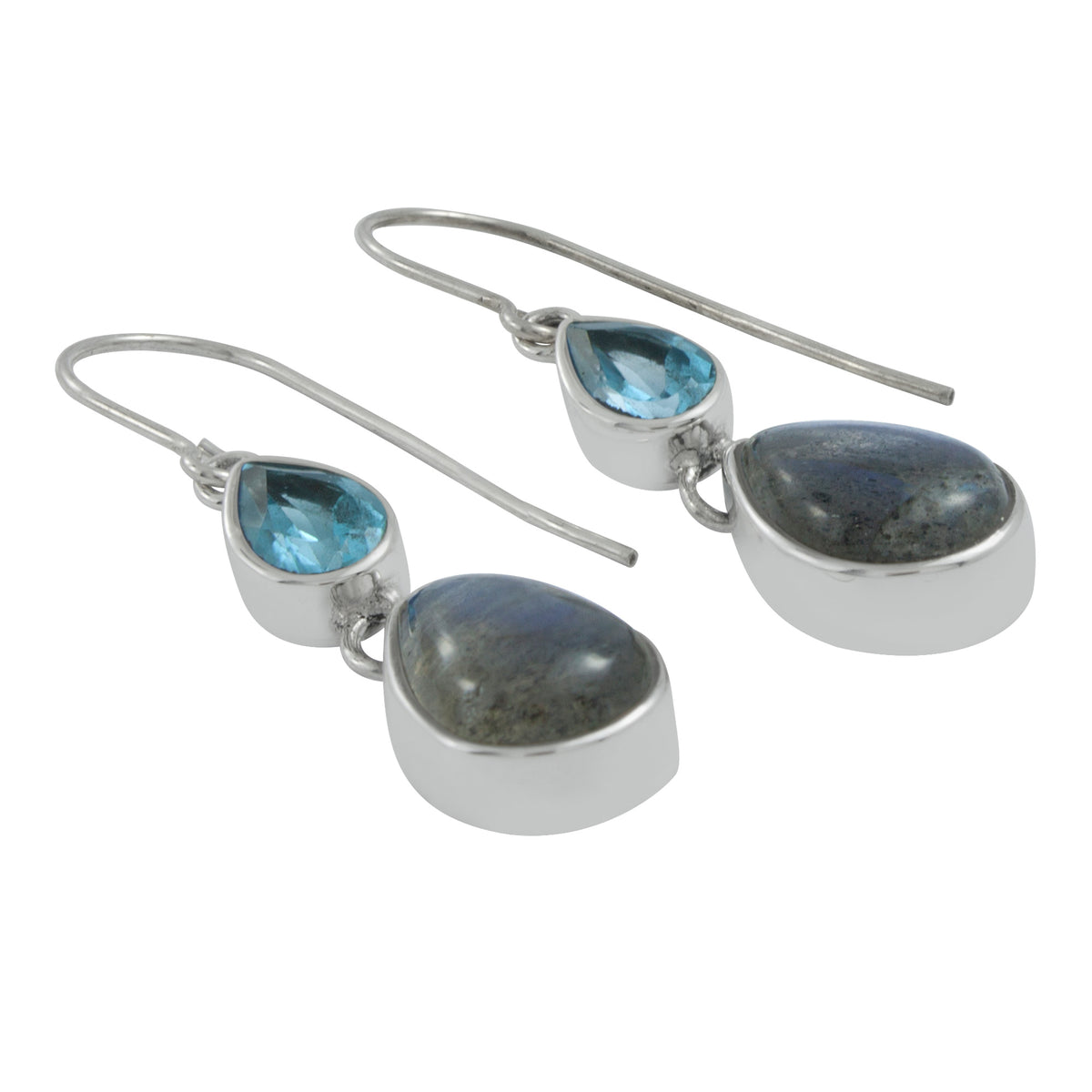 Silver Earring With Blue Topaz &amp; Laboradite Drop