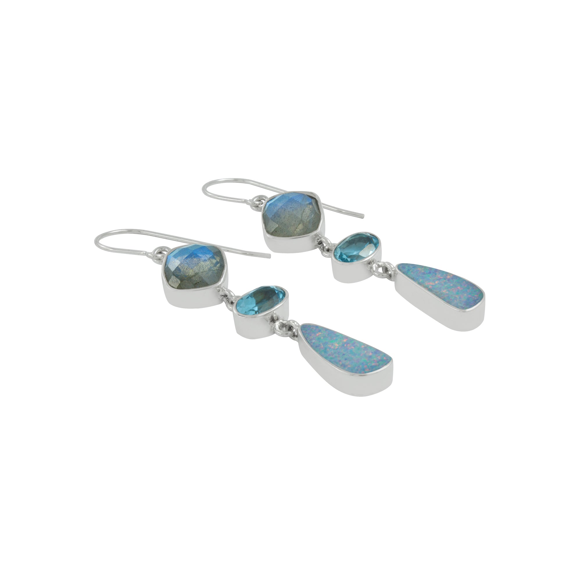 Silver Earring With Laboradite SQ Cush Checker, Blue Topaz , And Opal Free Form