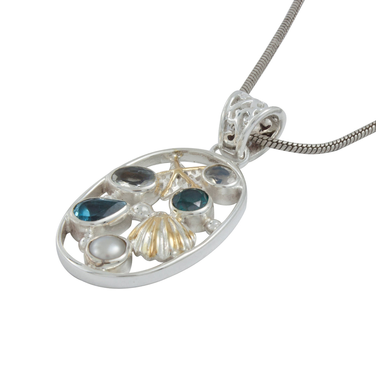 Sea life Pendant- a collage of colored gemstones and sea life