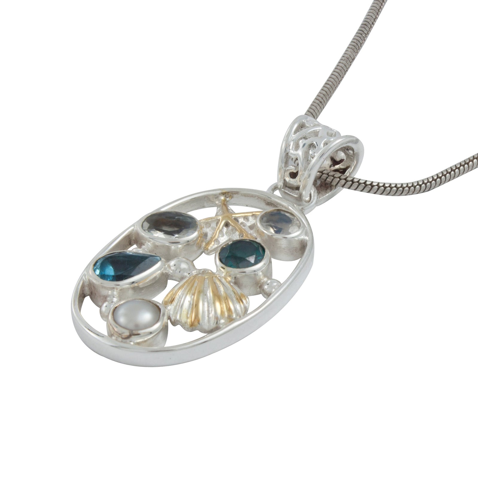 Sea life Pendant- a collage of colored gemstones and sea life