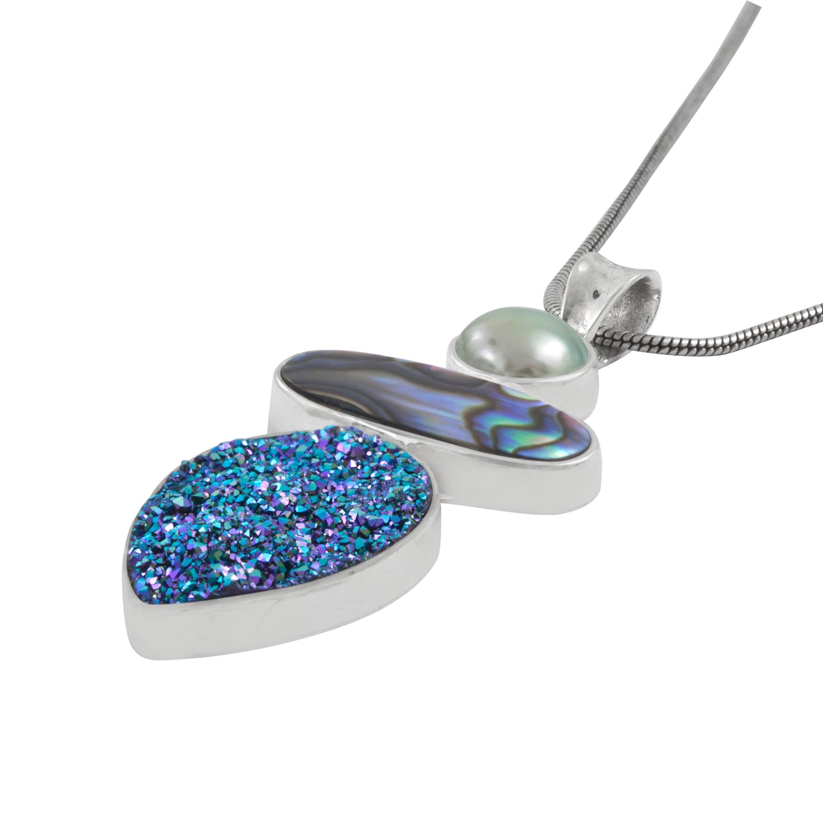 Silver Pendant With Pearl Mint Grey, Paua Oval And Druzy Cassiopia Seas Pear Drop