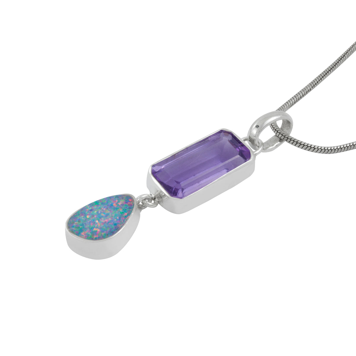 Silver Pendant With Amethyst Rectangle Facet &amp; Opal Freee Dorm Drop