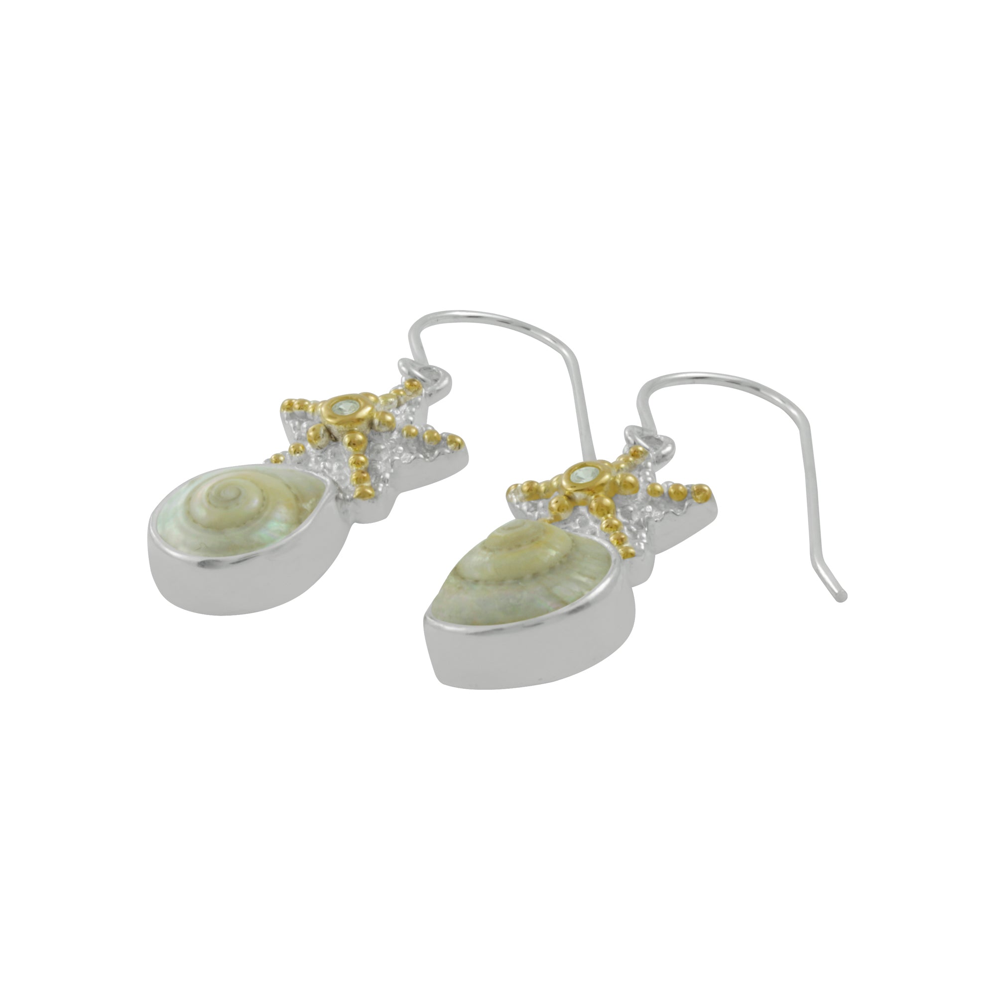 Silver Earring Star Component With Shell Malabar Turbo And White Cubic Zirchonia Round Facet