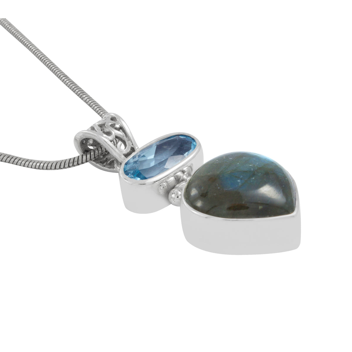Silver Pendant With Blue Topaz Oval &amp; Laboradite Heart