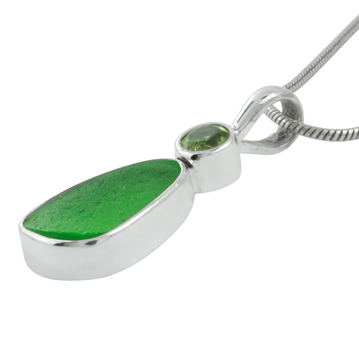 Silver Pendant With Peridot Round Facet &amp; Sea Glass Green