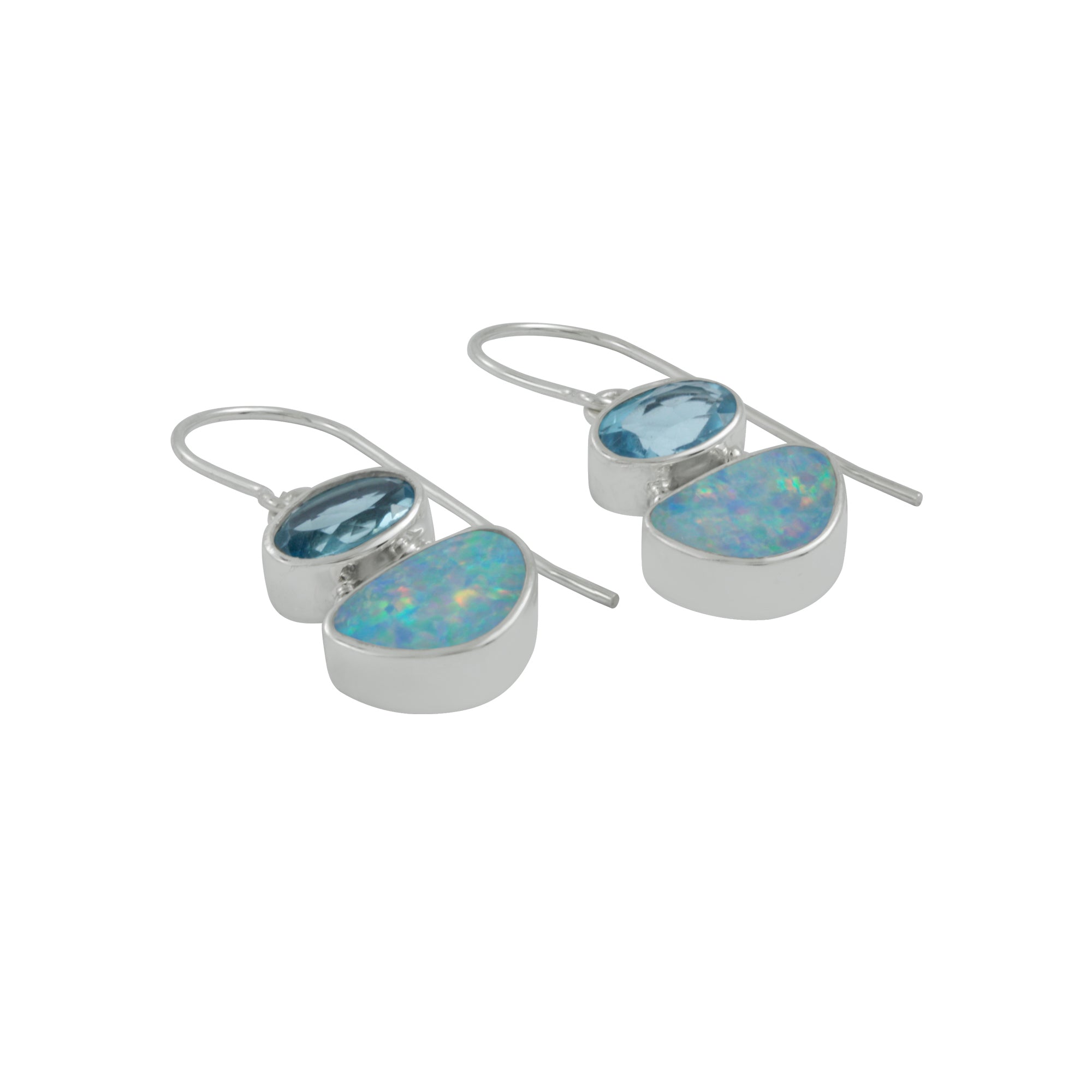 Silver Earring With Blue Topaz Oval Facet, Opal Free Form