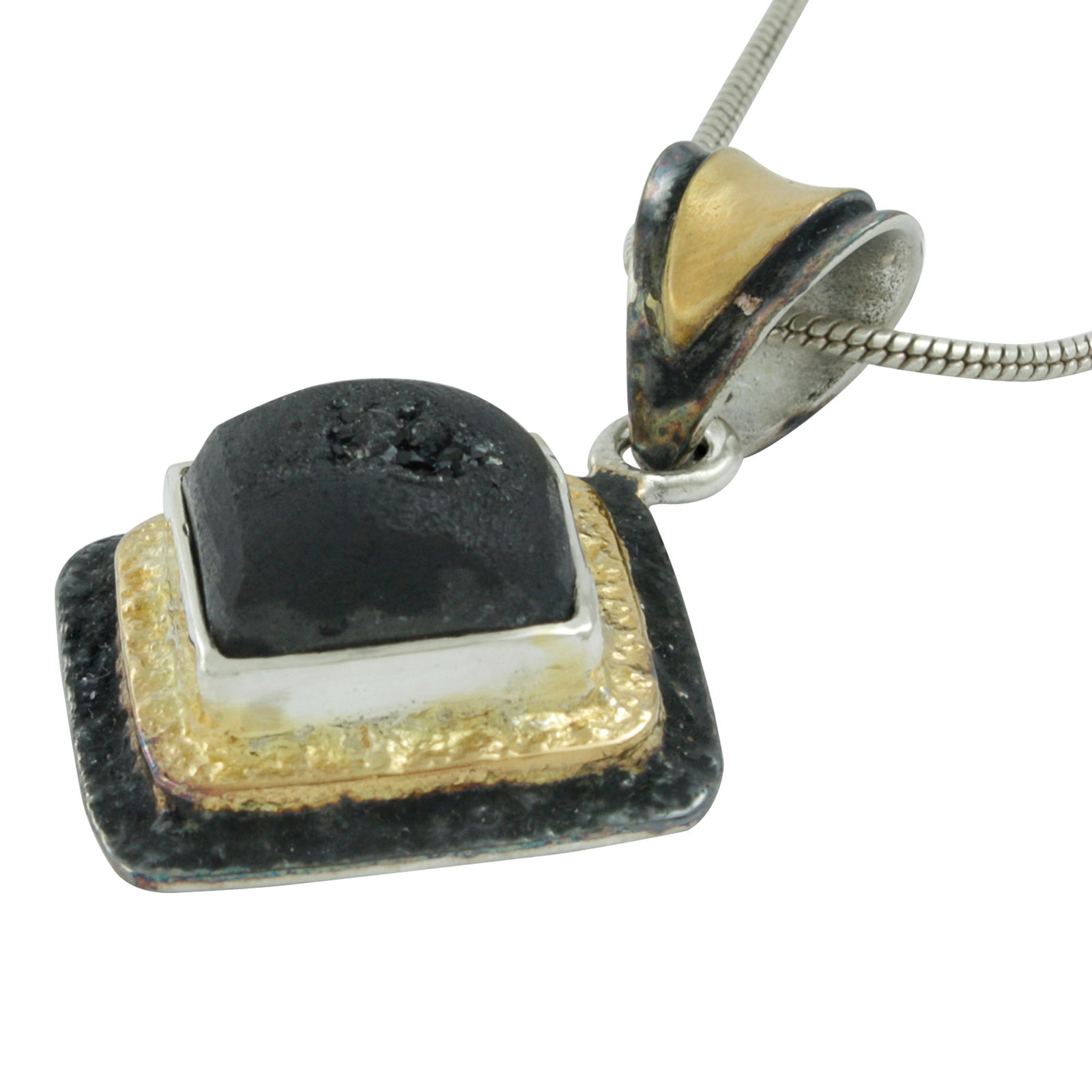 Contemporary, Distinctive Black Druzy Gold & Silver textured Pendant