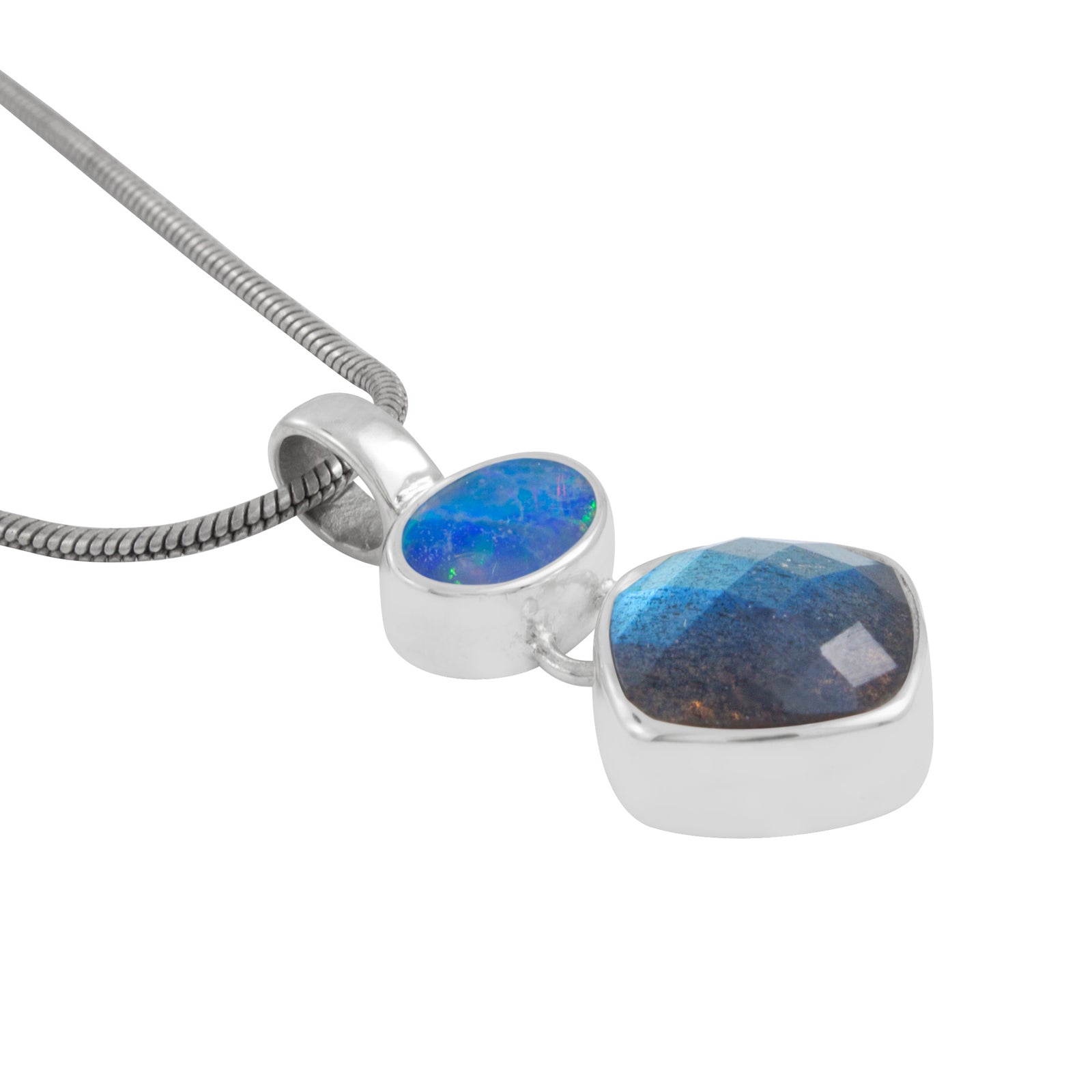 Silver Pendant With Opal & Labradorite Square Cush Checker Drop