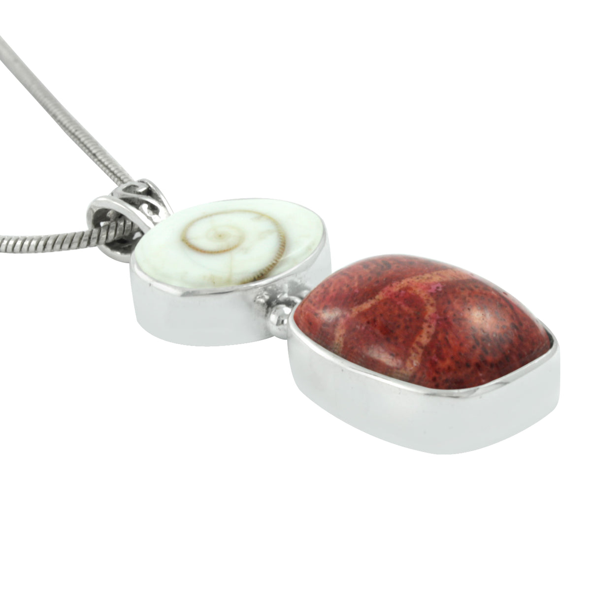 Silver Pendant with  Round Shell piral &amp; Rectangle Coral