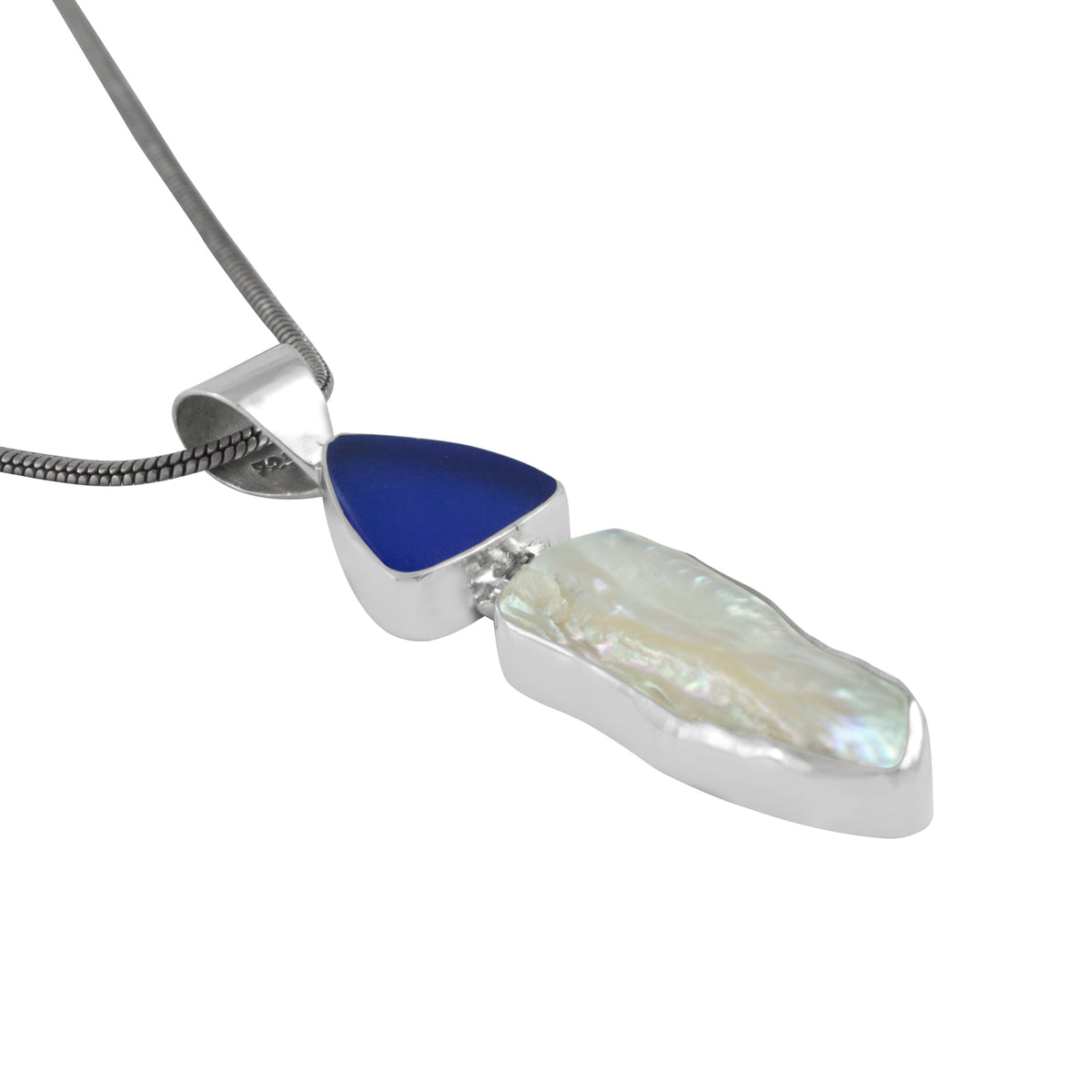 Silver Pendant With Sea Glass And Pearl Biwa Drop