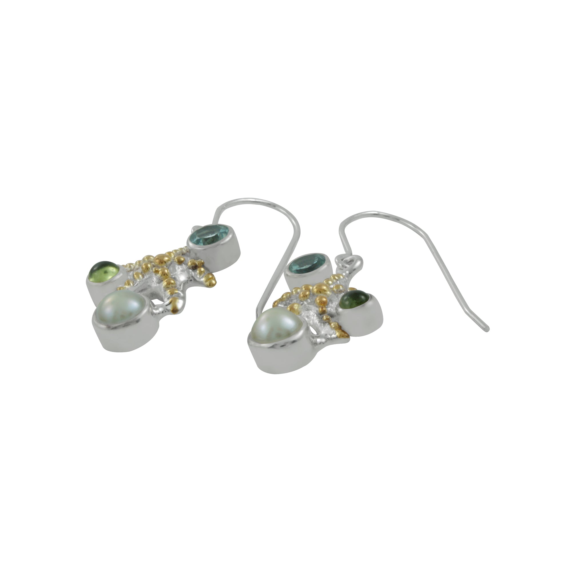 Silver Earring Star Component With Pearl, Blue Topas, Peridot Round And With Gold Accent