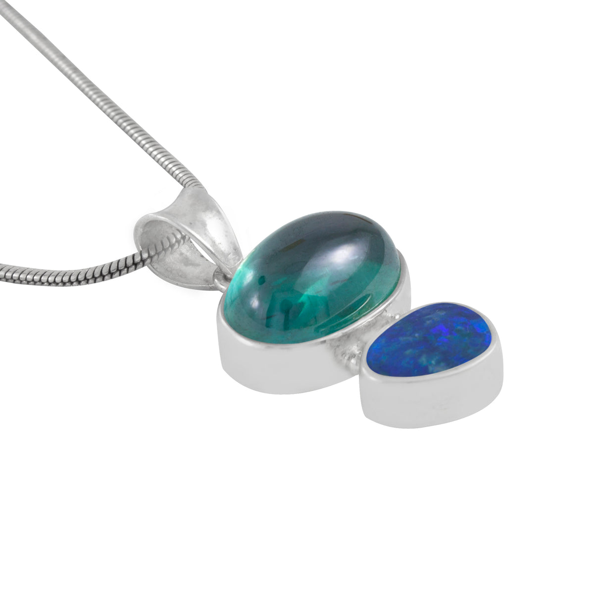 Silver Pendant With Green Topaz Oval Cab And Opal Free Form