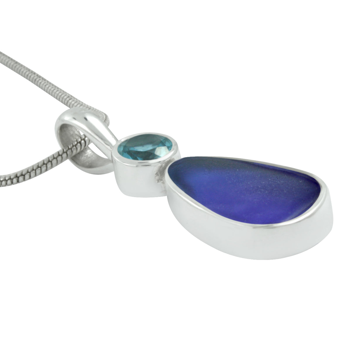 Silver Pendant With Blue Topaz Round &amp; Sea Glass Blue