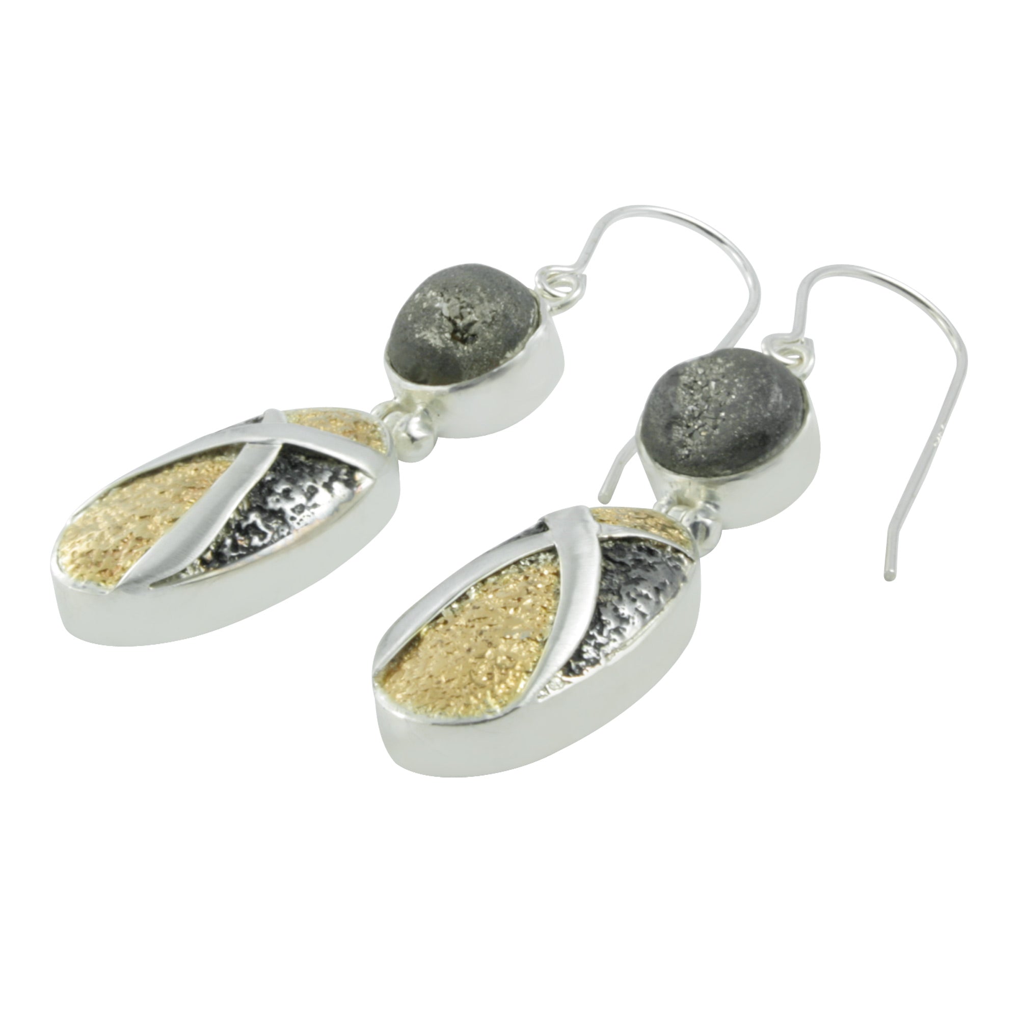 Silver Earring With Druzy Silver Round And Texture Component Drop