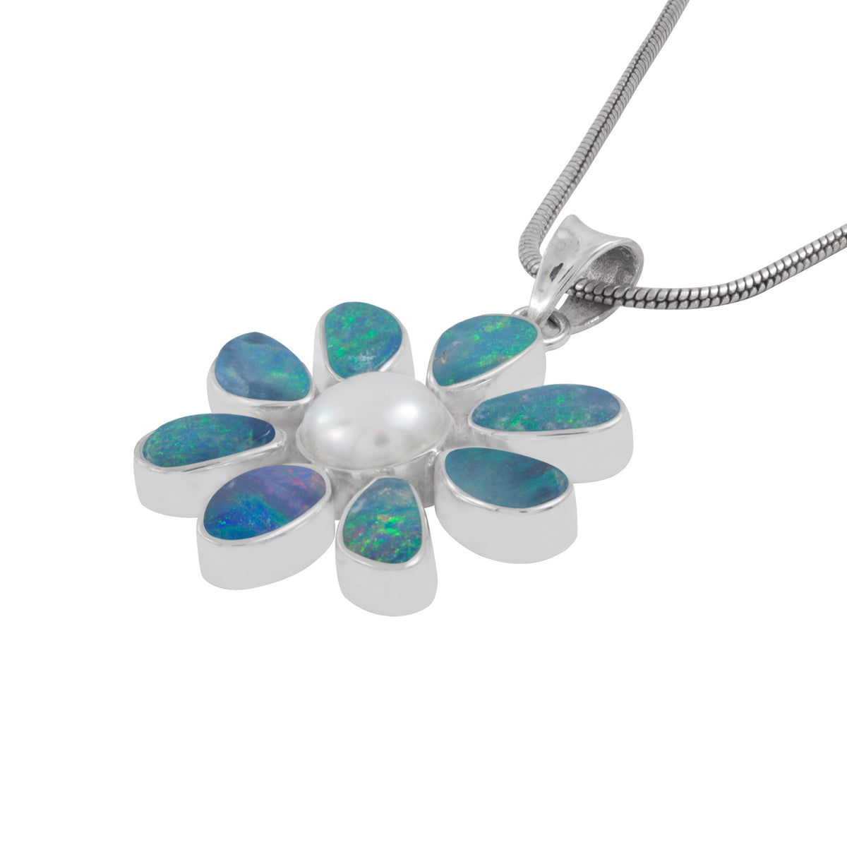Silver Flower Pendant With Opal Free Form &amp; Pearl