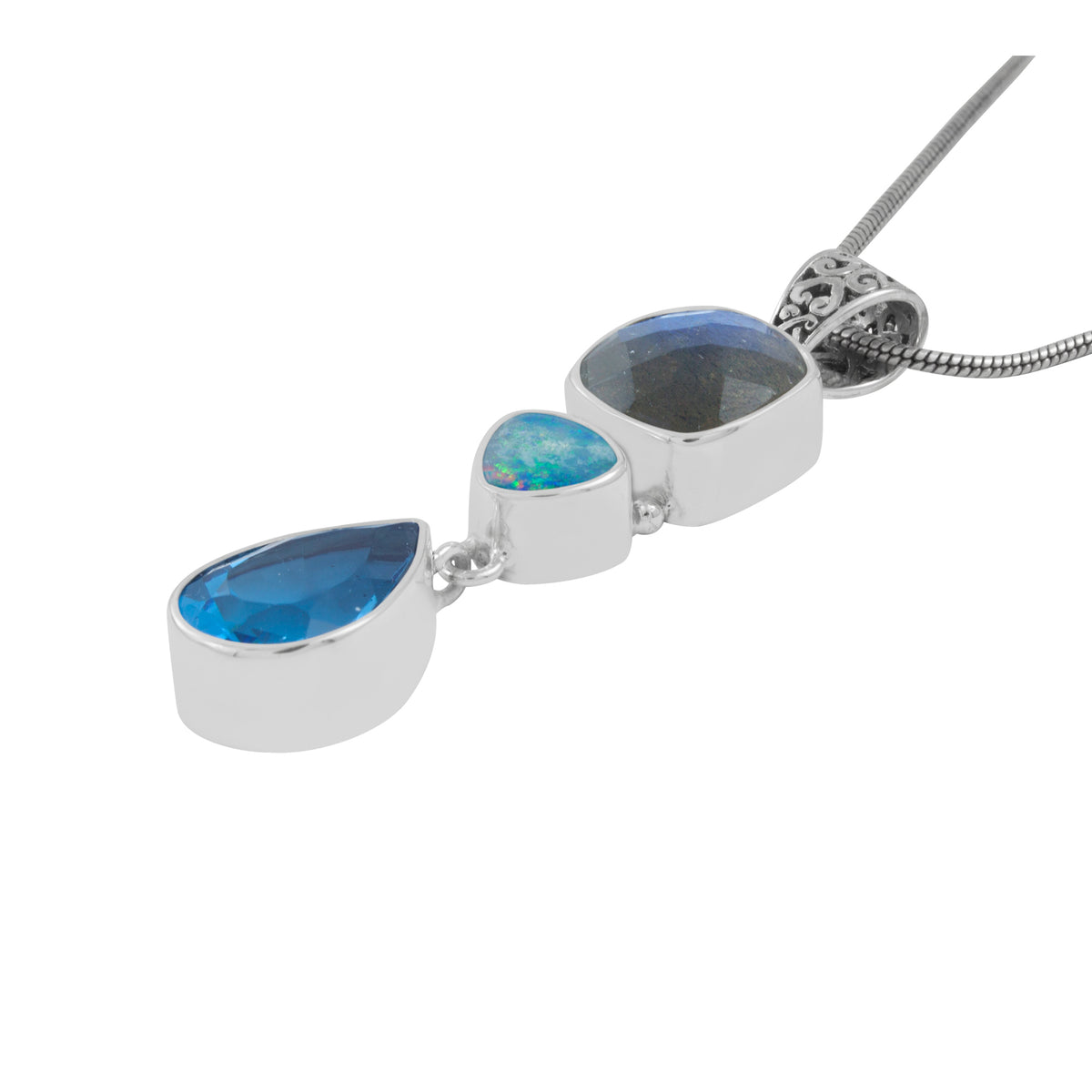 Silver Pendant Eith Labradorite Square, Opal Free Form &amp; Blue Topaz Drop
