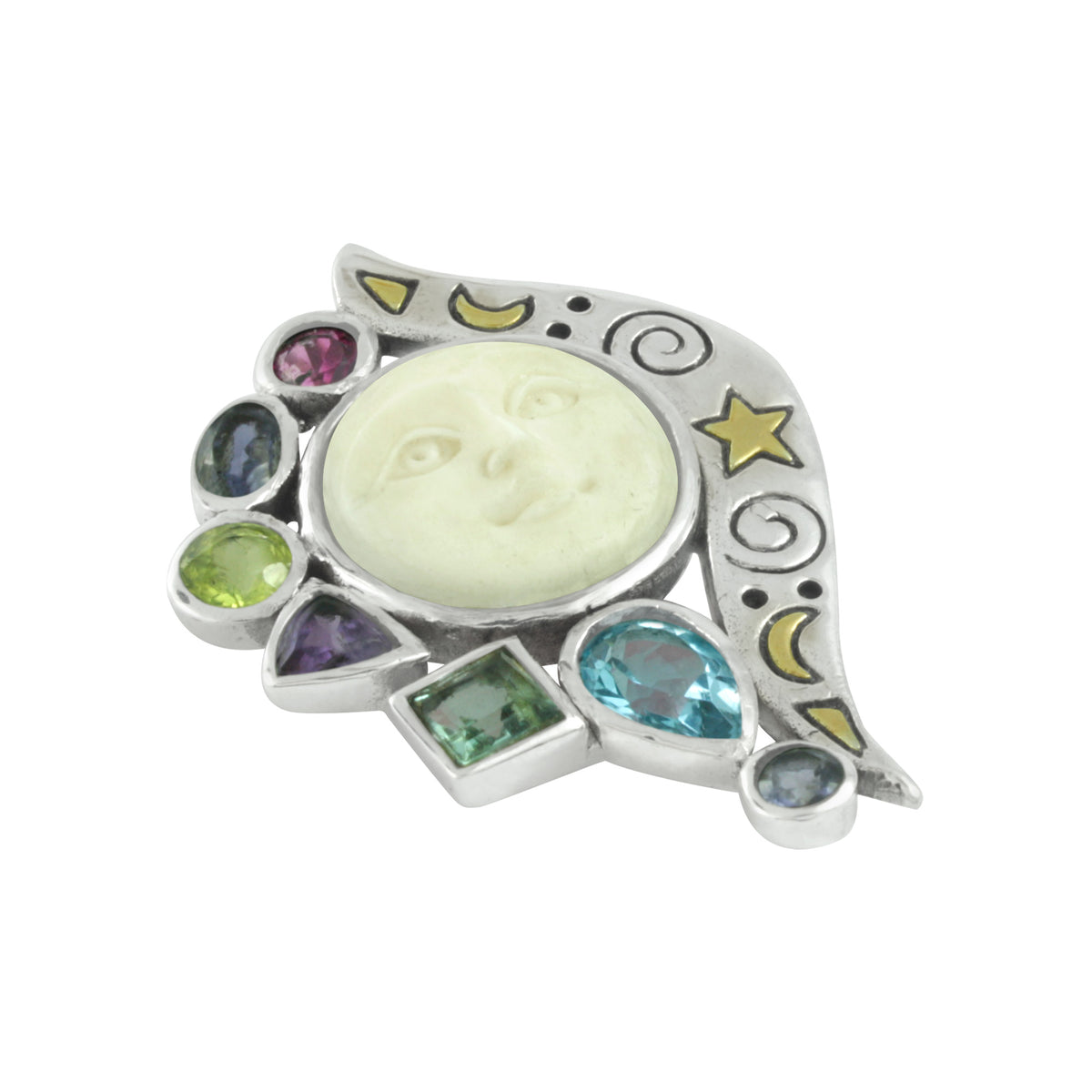 Moon face pin /pendant with a cascading waterfall of gemstones !