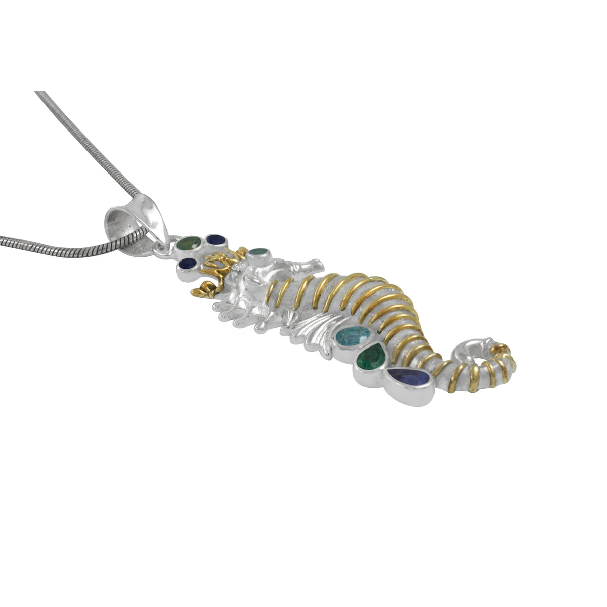 Silver Pendant With Sea Horse Component And Multi Color Stone