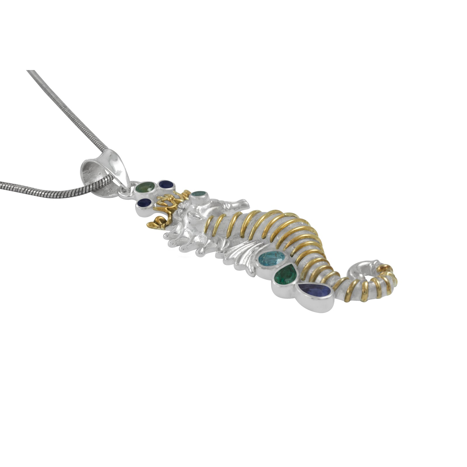 Silver Pendant With Sea Horse Component And Multi Color Stone
