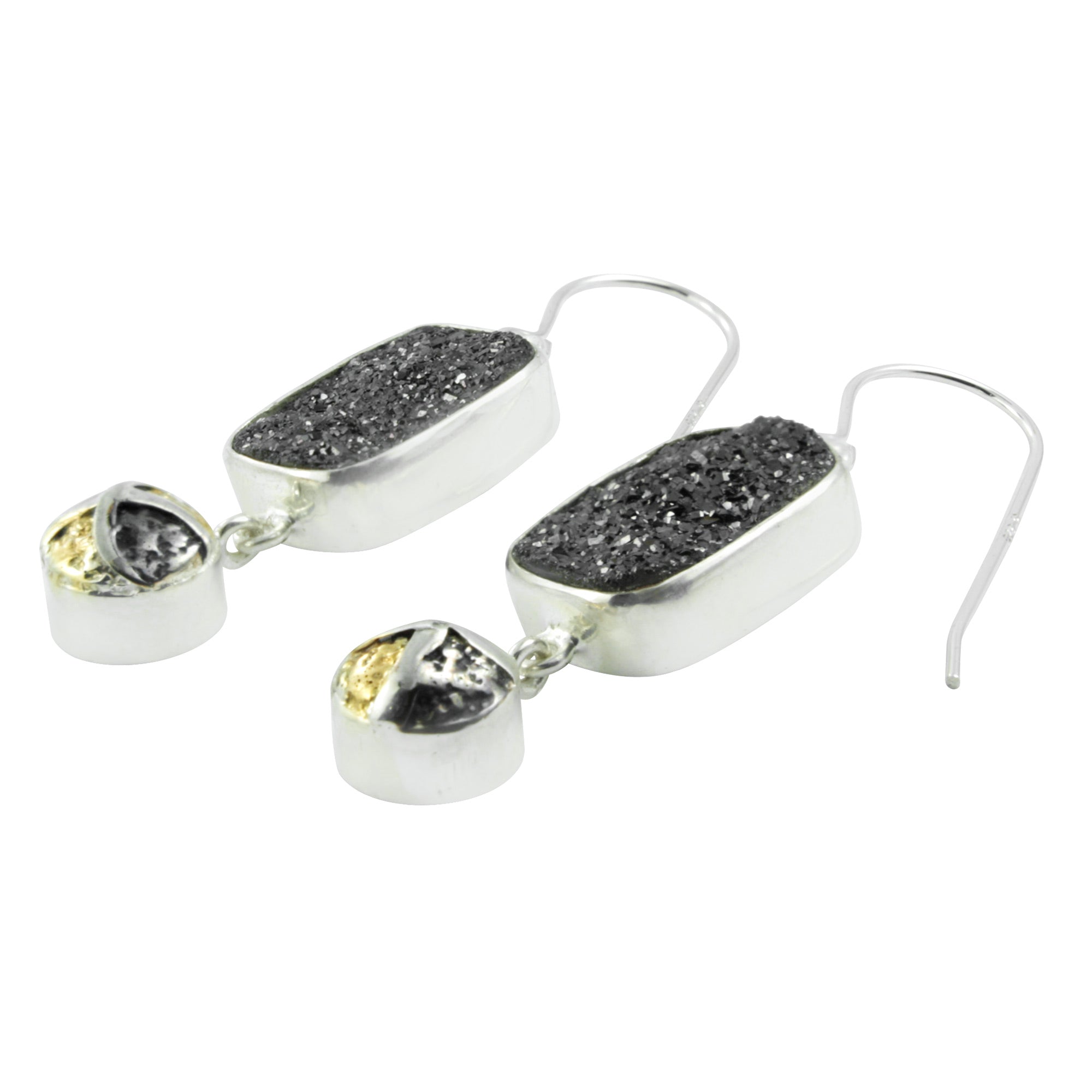 Silver Earring With Druzy Black Knight Rectangle And Texture Component Drop