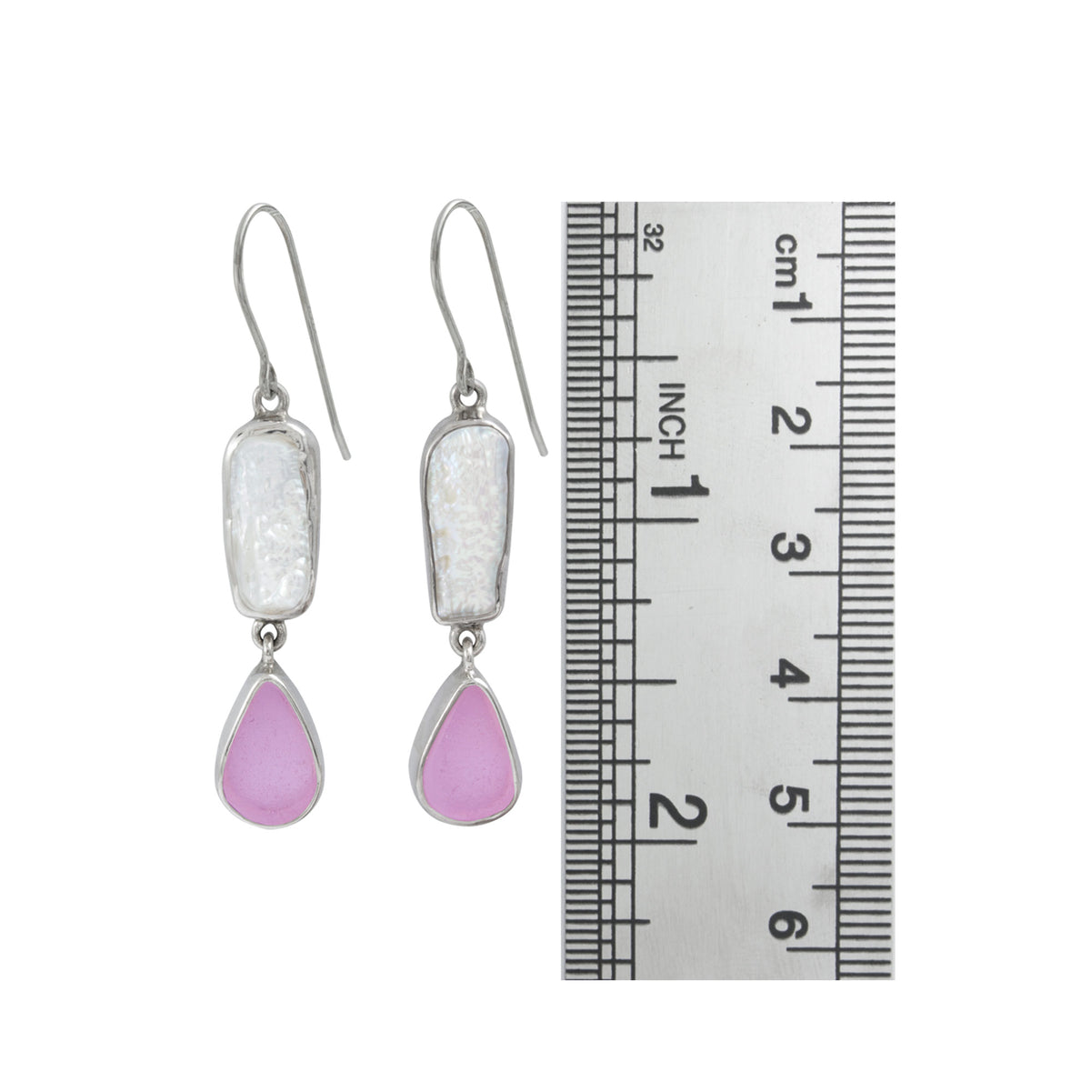 Silver Earring With Pearl Biwa &amp; Sea Glass