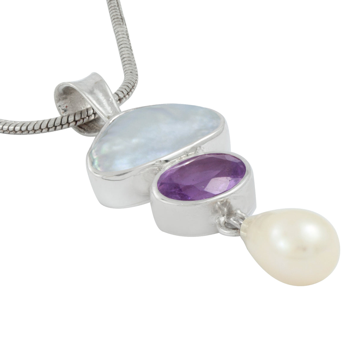 Silver Pendant With Pearl Keishi, Amethyst Oval &amp; Fresh Pearl Drop