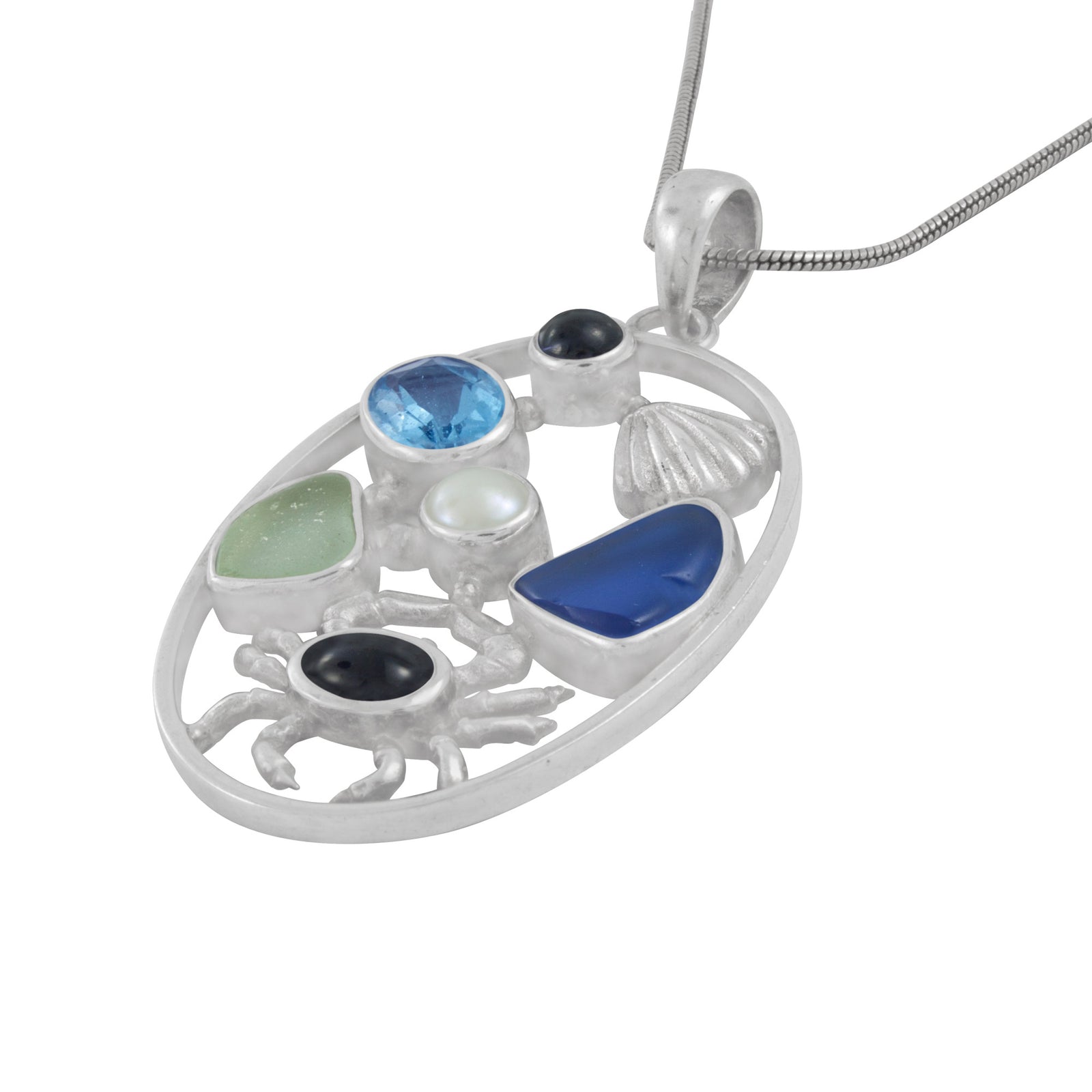 Silver Sea Life Pendant- a story of a little crab wearing a blue sweater, playing with a sea shell ,a pearl & 2 pieces of sea glass