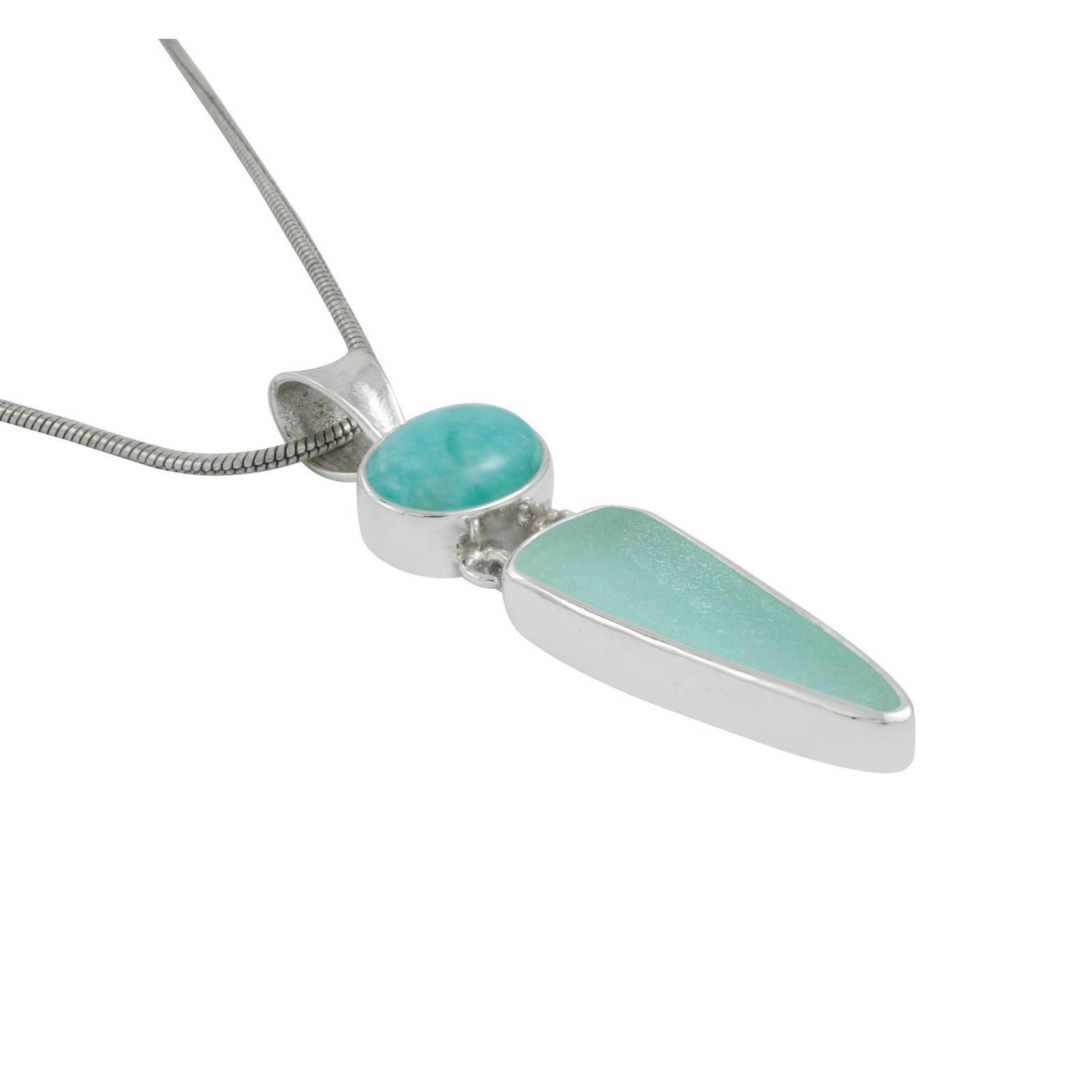Silver Pendant With Amozonite Oval & Sea Glass Aqua Drop