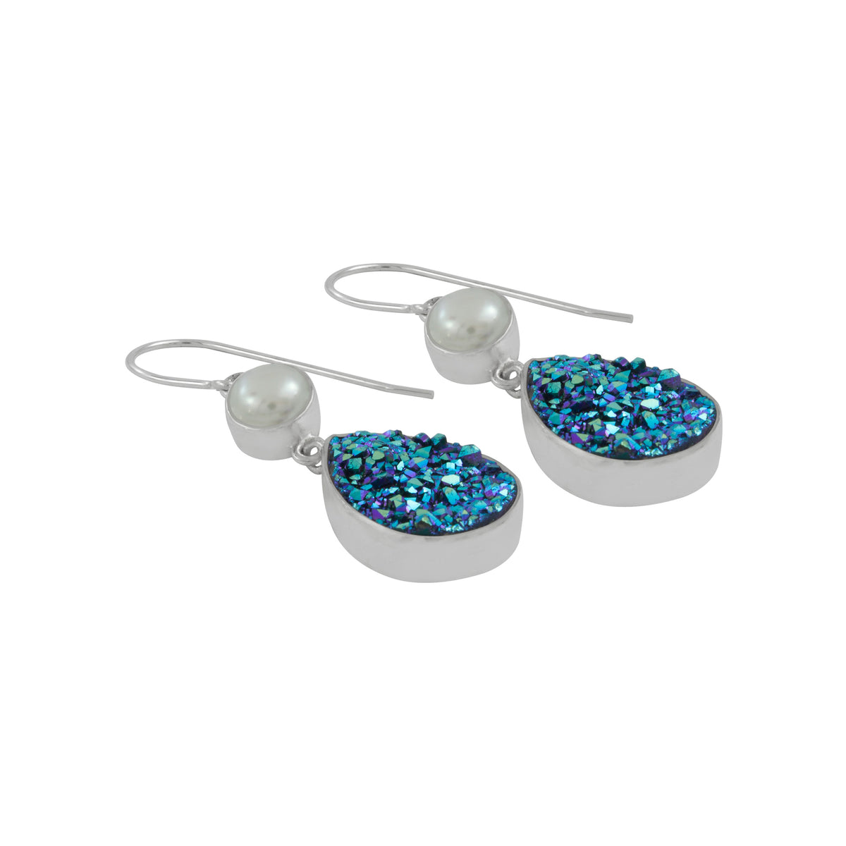 Silver Earring With Pearl Round &amp; Green Druzy Tear Drop