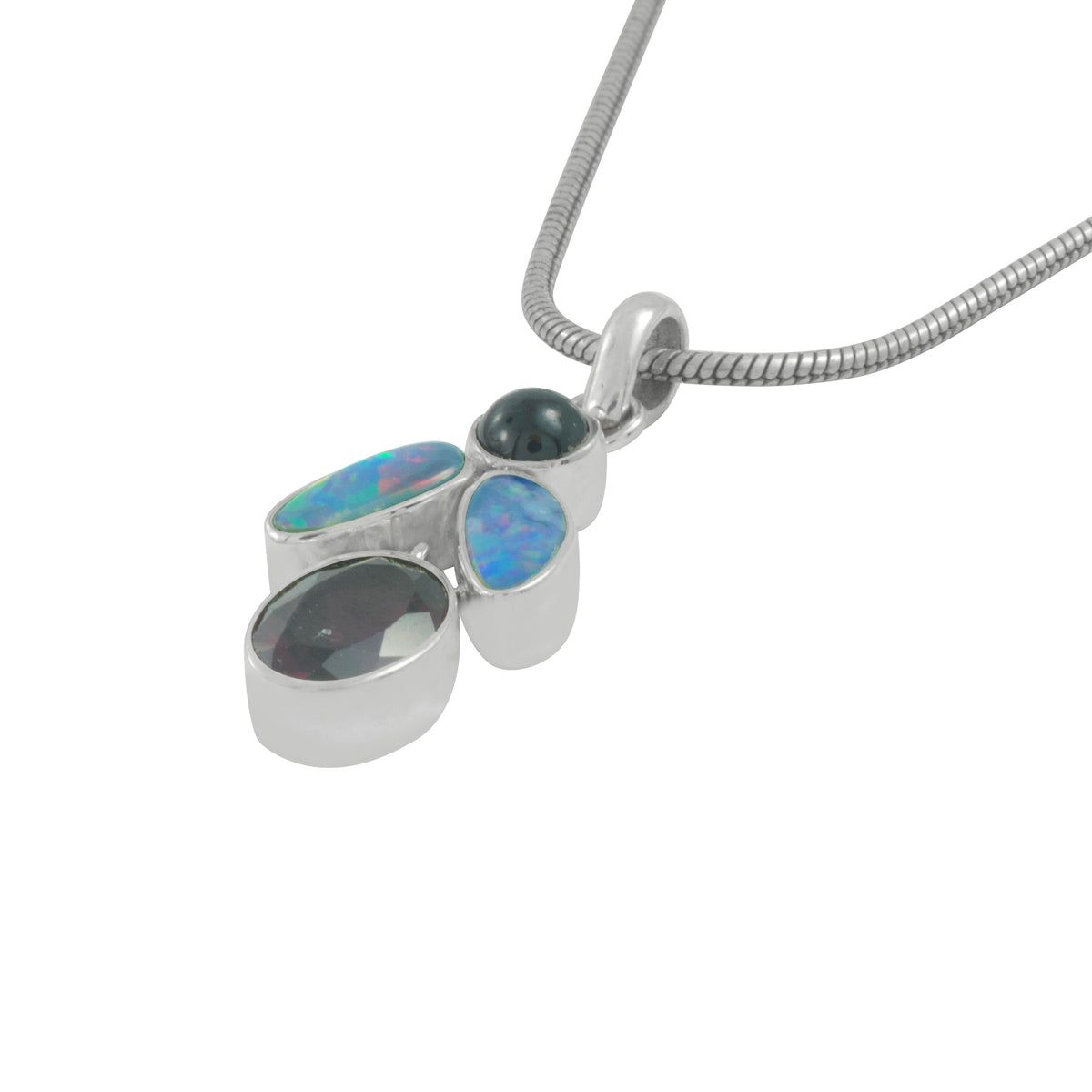 Silver Pendant With Opal Flower Shape With Rhodolite Garnet Drop