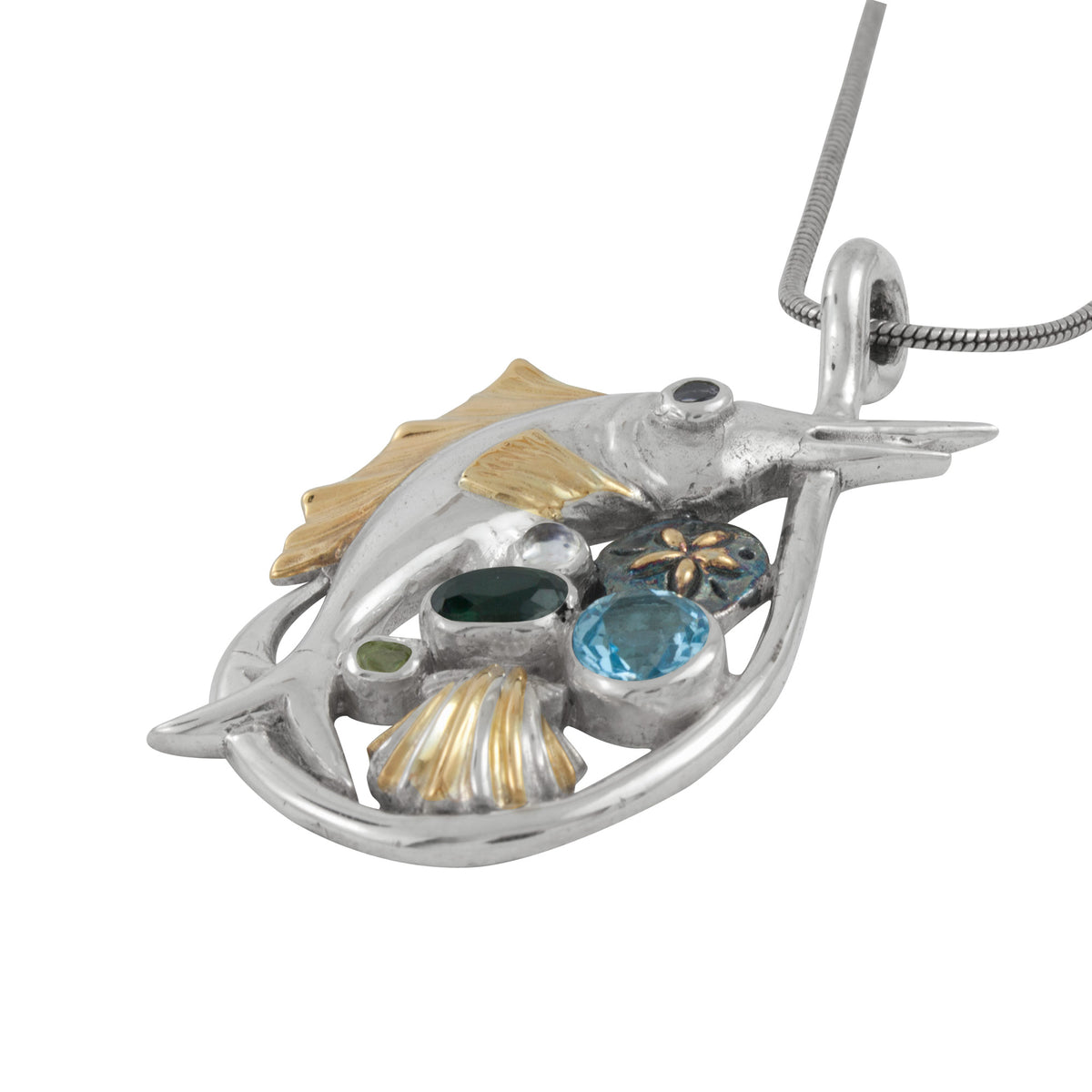 Silver Pendant Fish Component With Multi Stone Facet