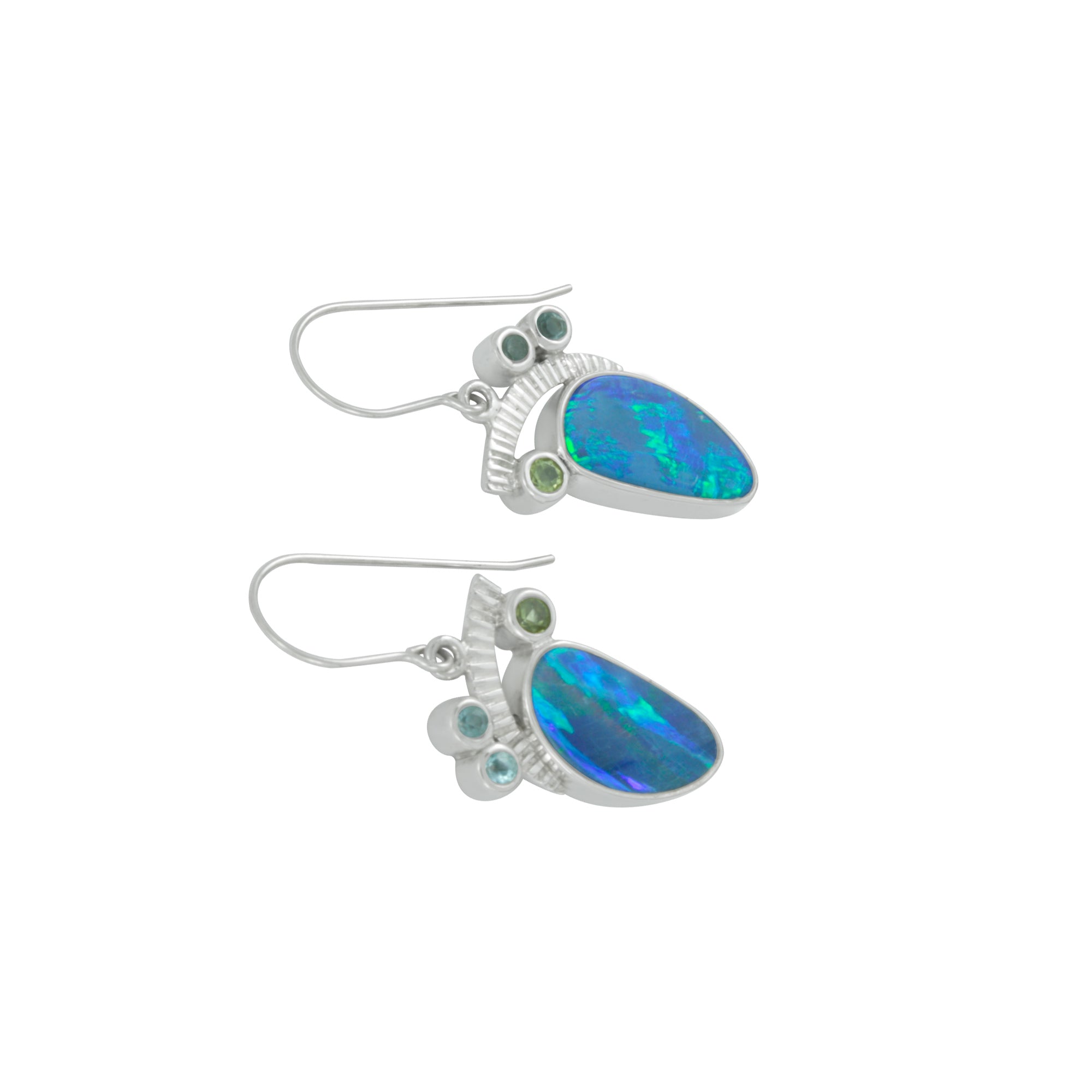 Stunning Opal Doublet Earrings accented with Peridot & Blue Topaz