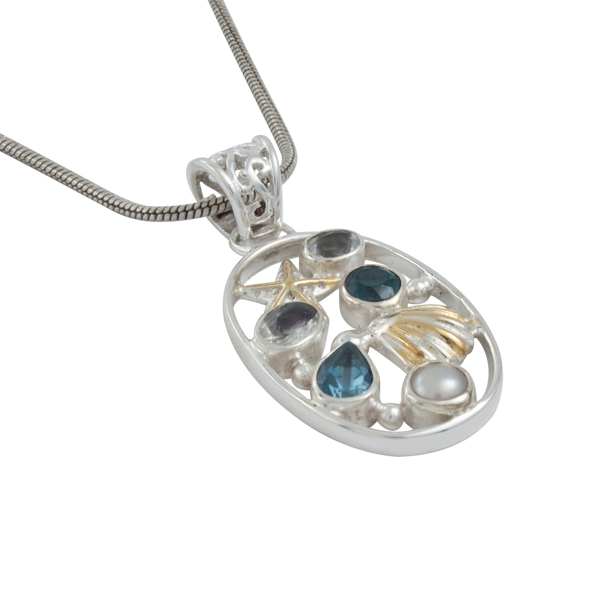 Sea life Pendant- a collage of colored gemstones and sea life