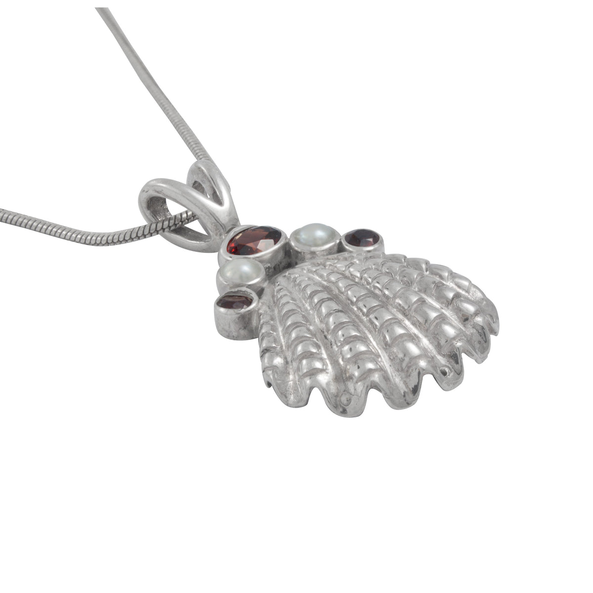 Silver Scallop Sea Shell Pendant with Gemstones