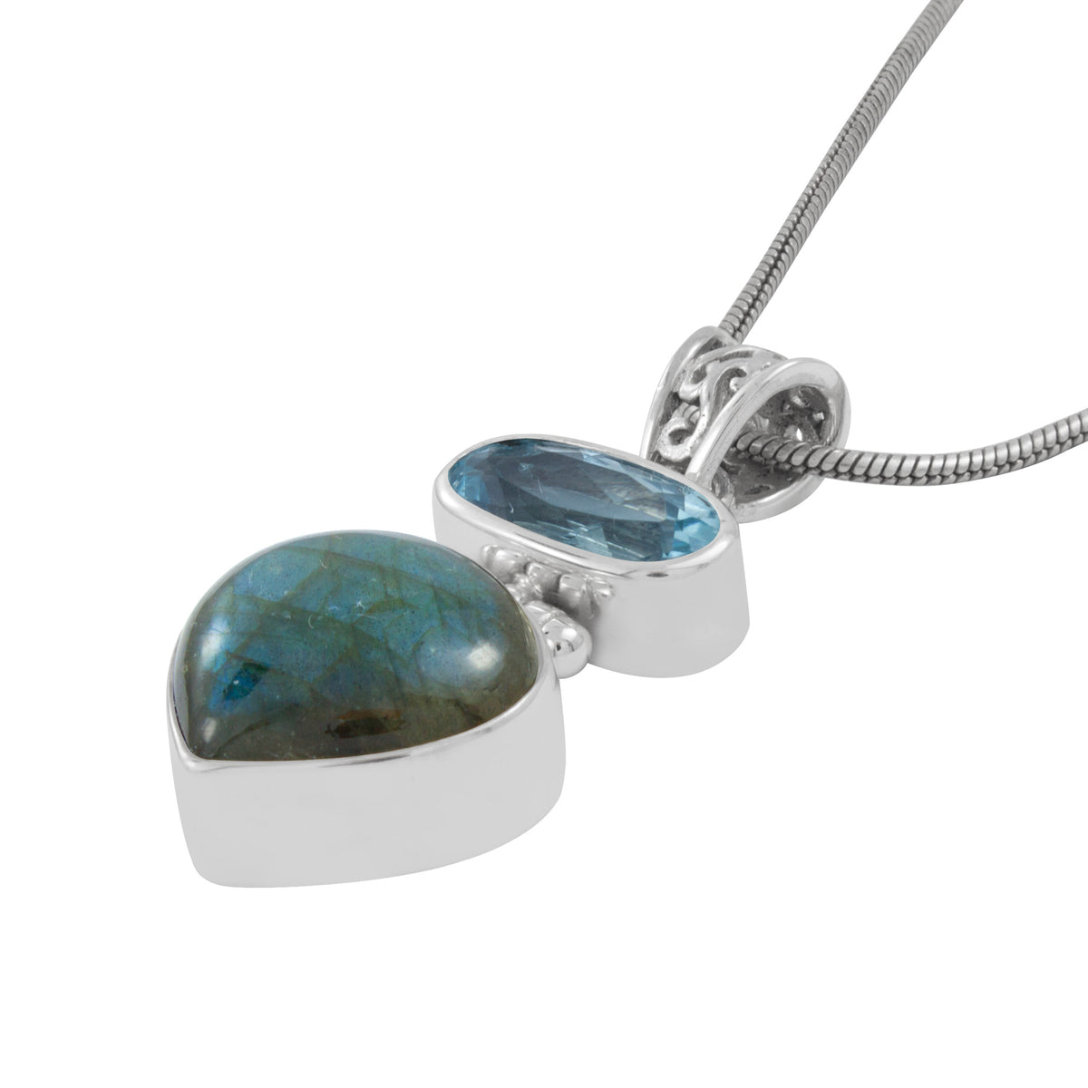 Silver Pendant With Blue Topaz Oval &amp; Laboradite Heart