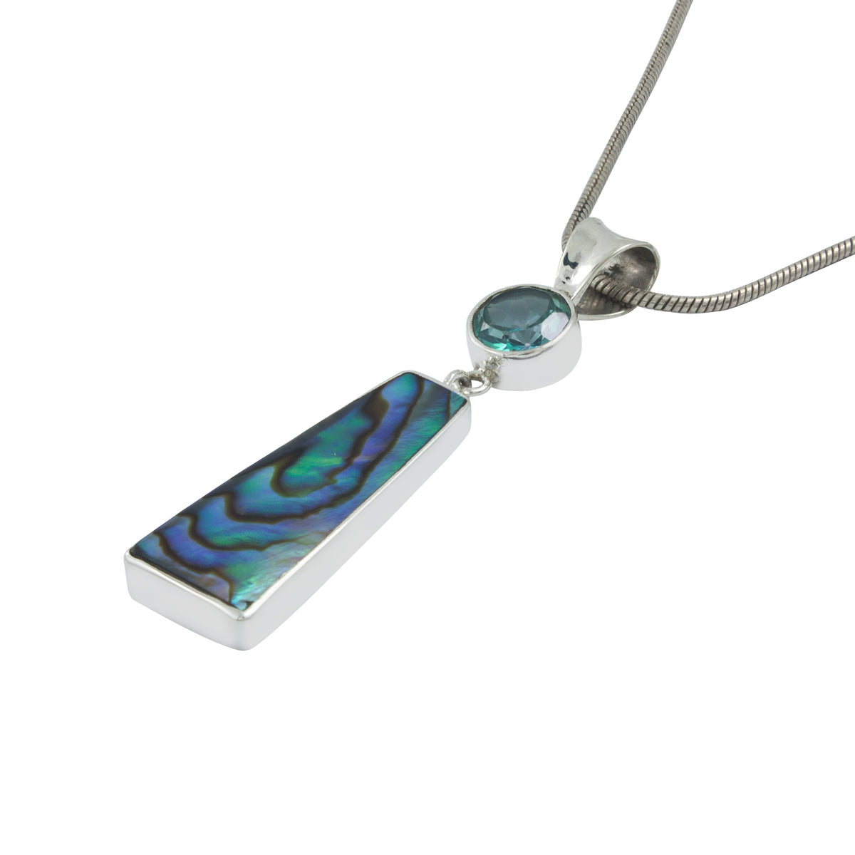 Silver Pendant With Green Quarzt Round Facet And Paua Rectangle
