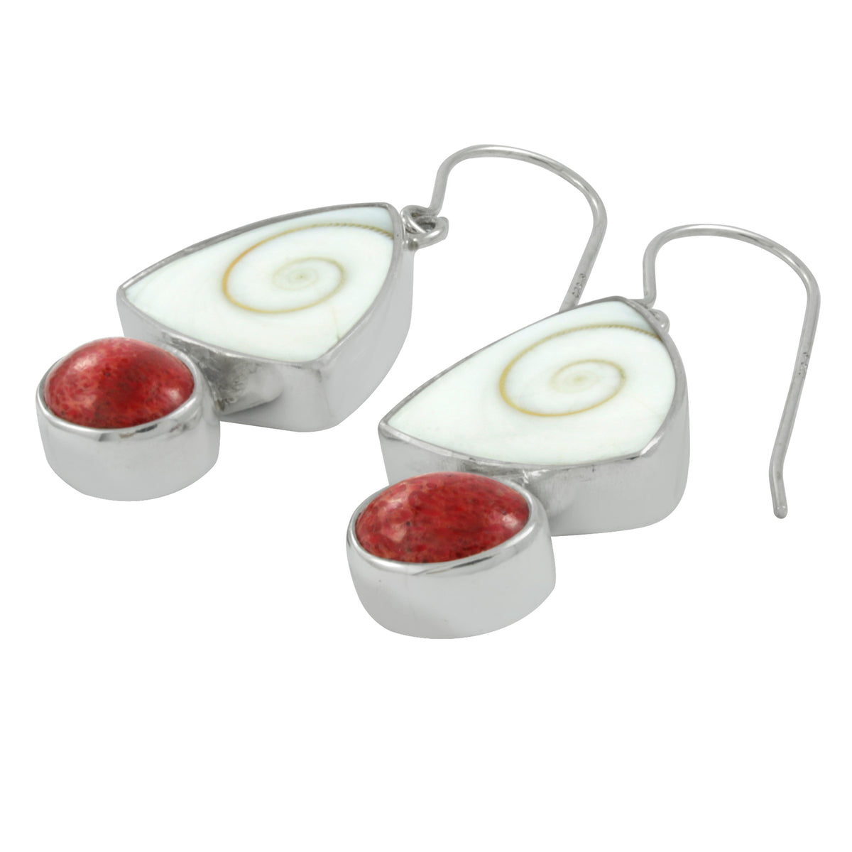 Silver Earring With  Shell Spiral Triangle &amp; Oval Sponge Coral