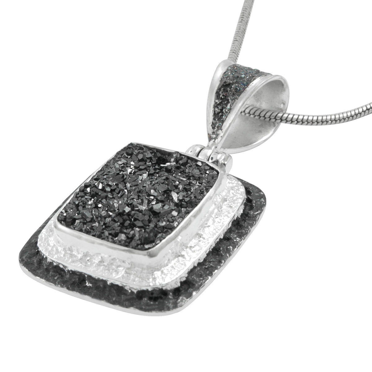Silver Pendant Texture Component With Druzy Black Knight Rectangle