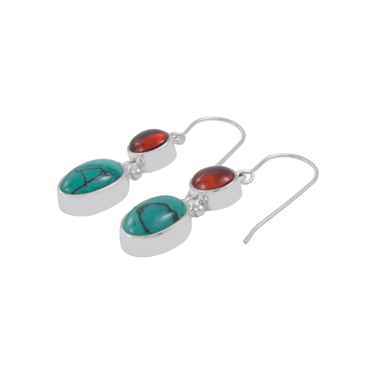 Silver Earring With Round Amber &amp; Oval Turquoise Stone