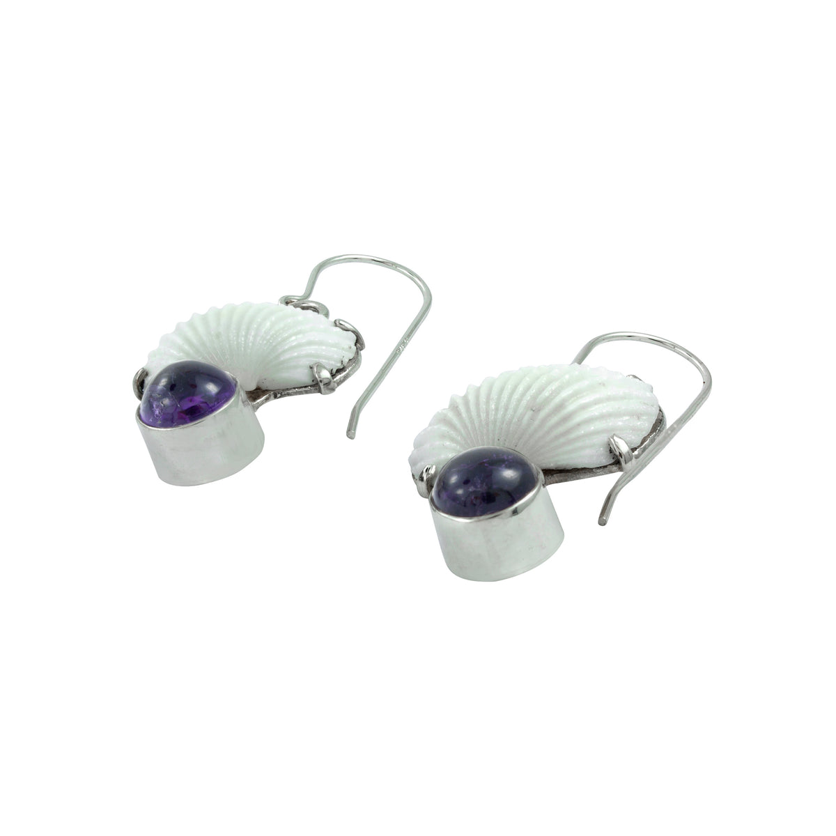 Silver Earring With Shell White Ark &amp; Amethyst Round