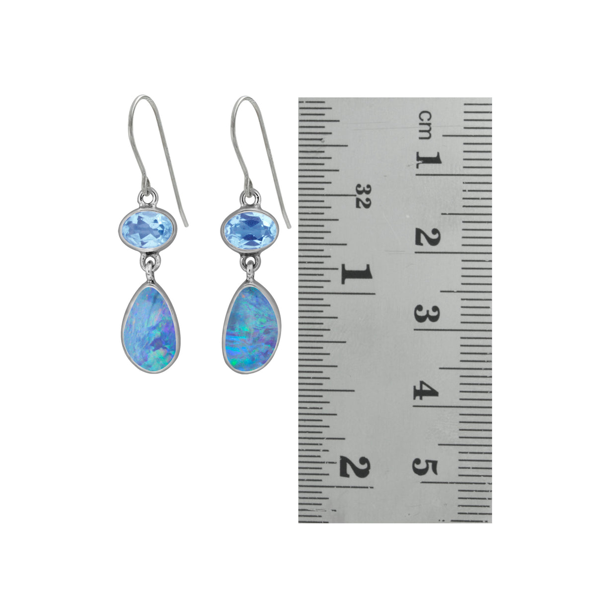 Silver Earring With Blue Topaz Oval &amp; Opal Free Form